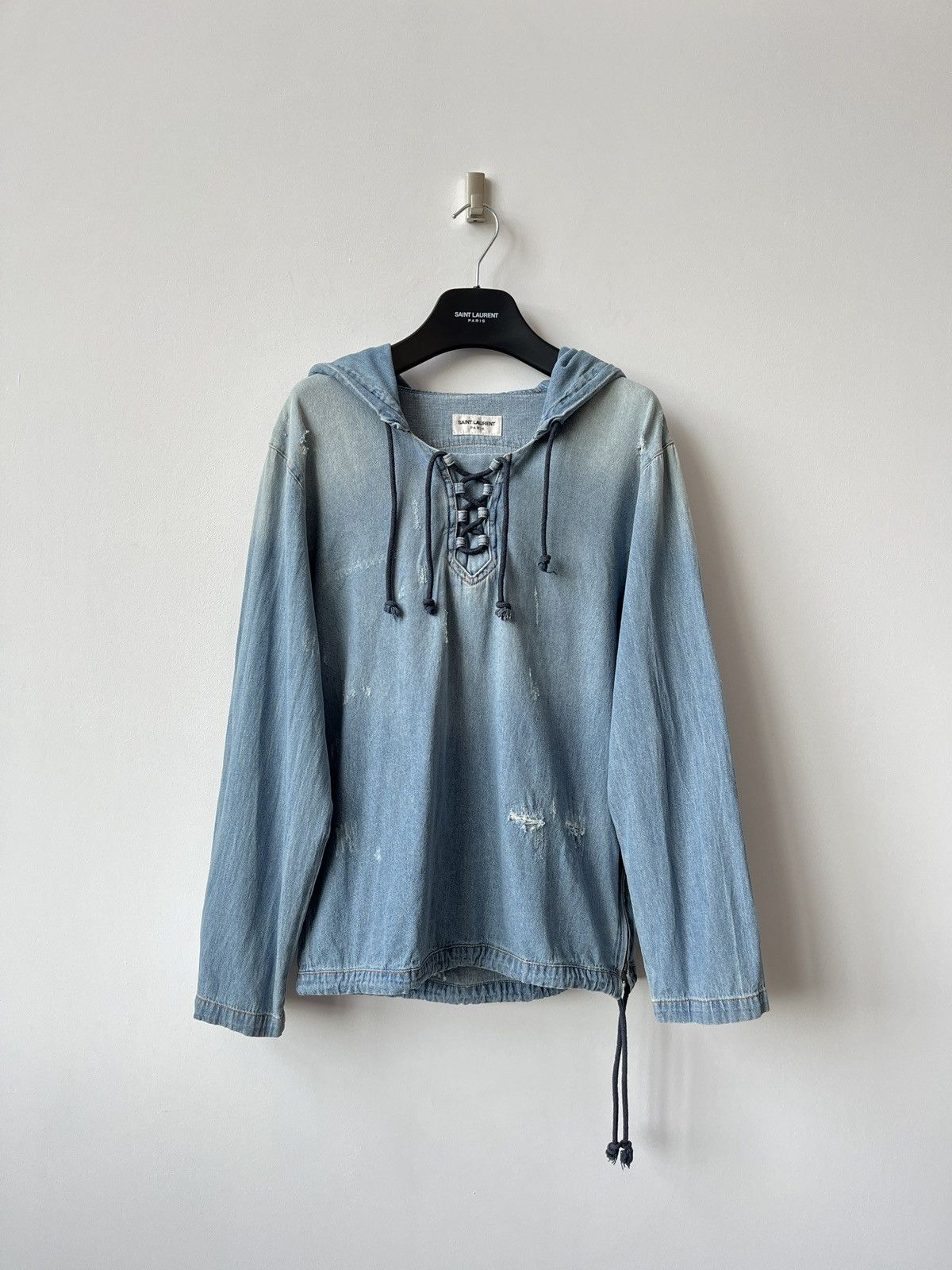 Saint Laurent Lace Paris Up Denim Distressed Hoodie Long
