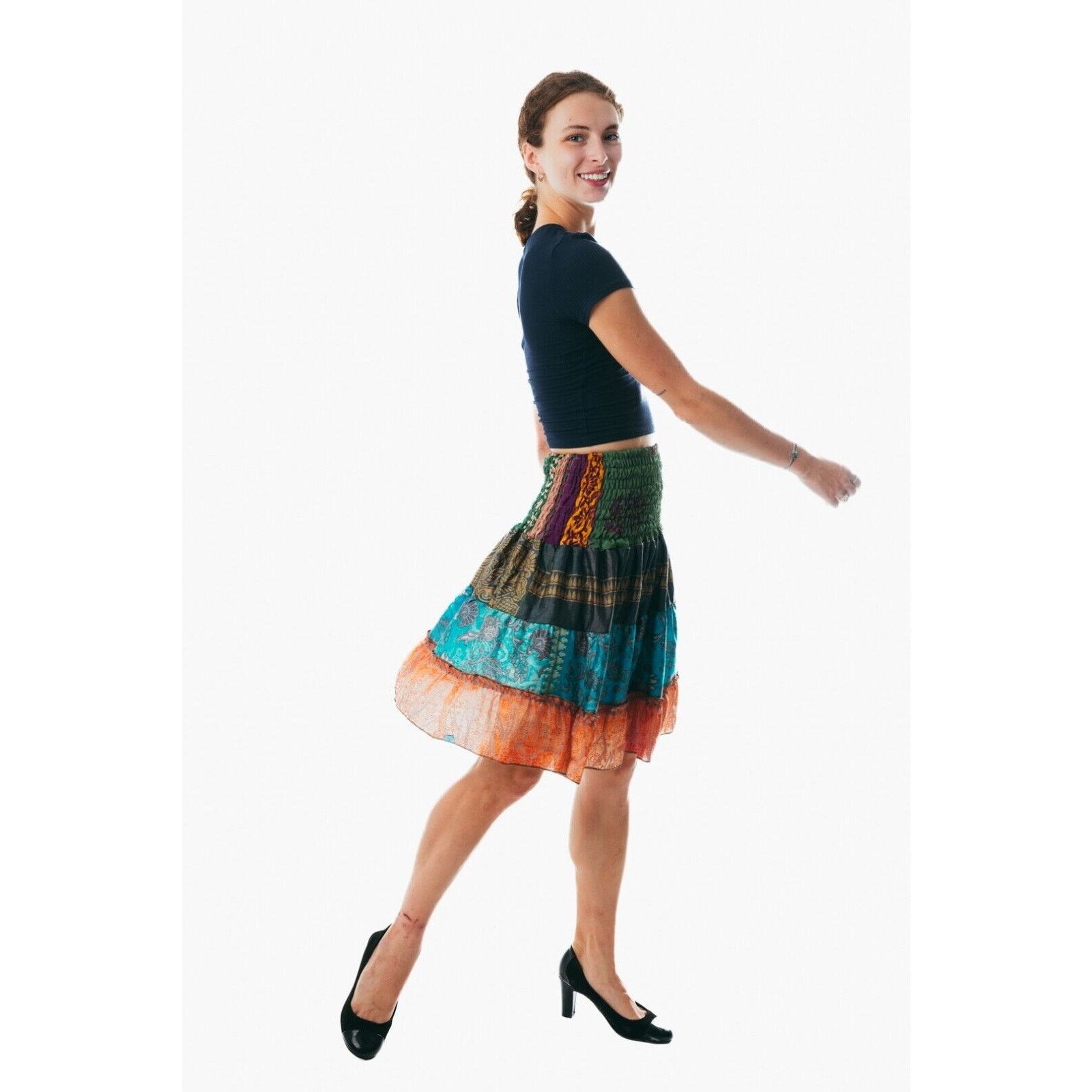 Other Women Bohemian Hippie Peasant Patchwork Mini Skirt short Size 35" - 2 Thumbnail