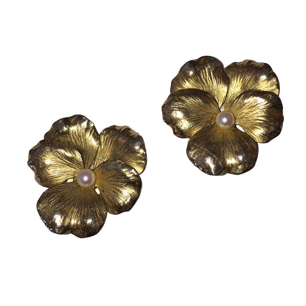 Designer 14 kt Gold Vermeil Sterling Flower Earrings Cultured Pearls Size ONE SIZE - 1 Thumbnail