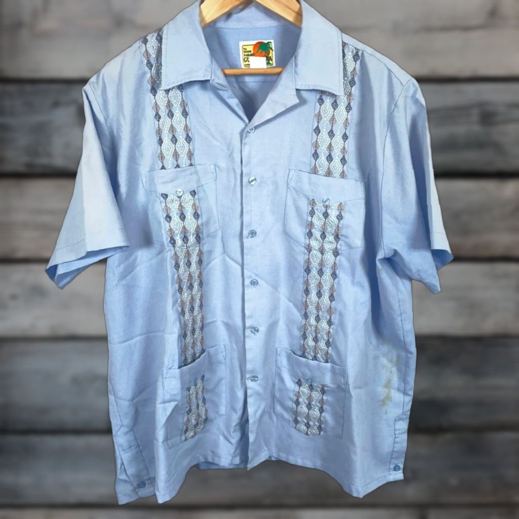 Haband VINTAGE Haband 90s Guayabera Pleated Shirt 4 Pocket Blue Geometric Pattern Button-Up Short Sleeve Adult 2X Men Mens Retro Size US XXL / EU 58 / 5 - 1 Thumbnail