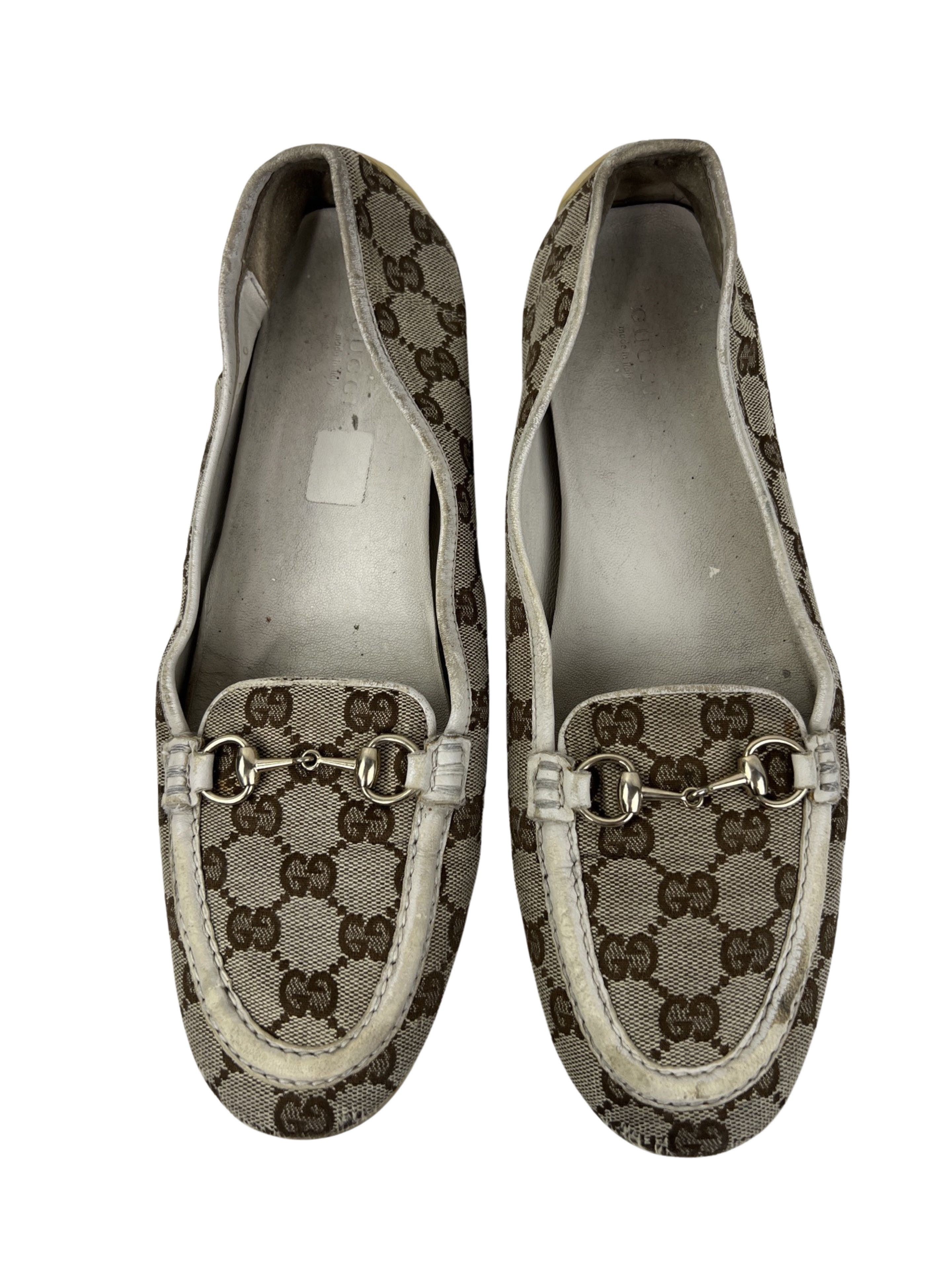 image of Gucci GG Monogram Loafers Horsebit in Beige, Women's (Size 11)