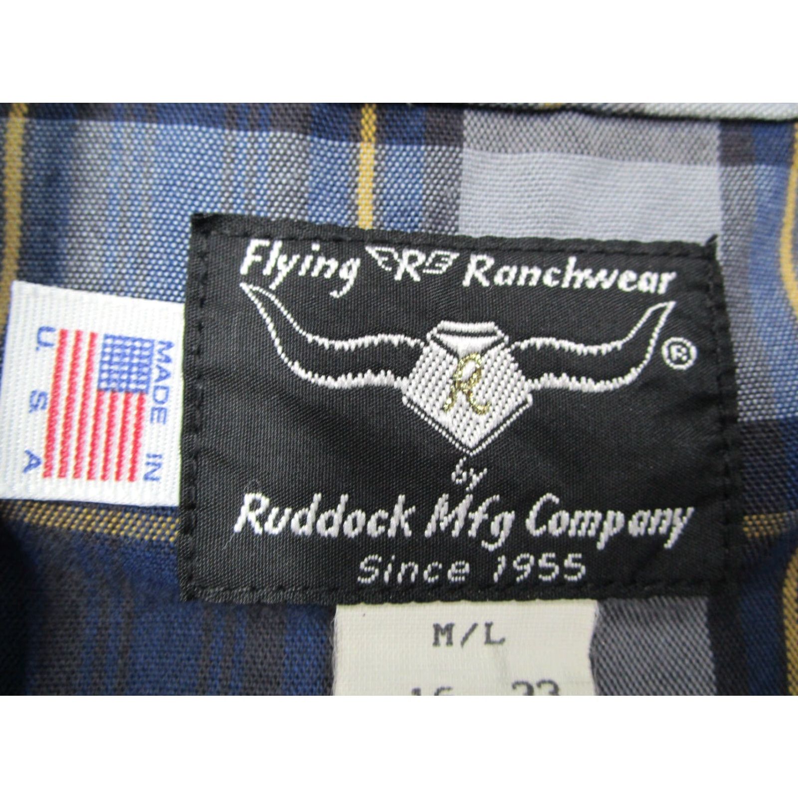 Vintage Flying R Ranchwear Shirt Mens 16 33 Blue Twill Button Up Workwear Rodeo Check Pearl snaps Made in USA