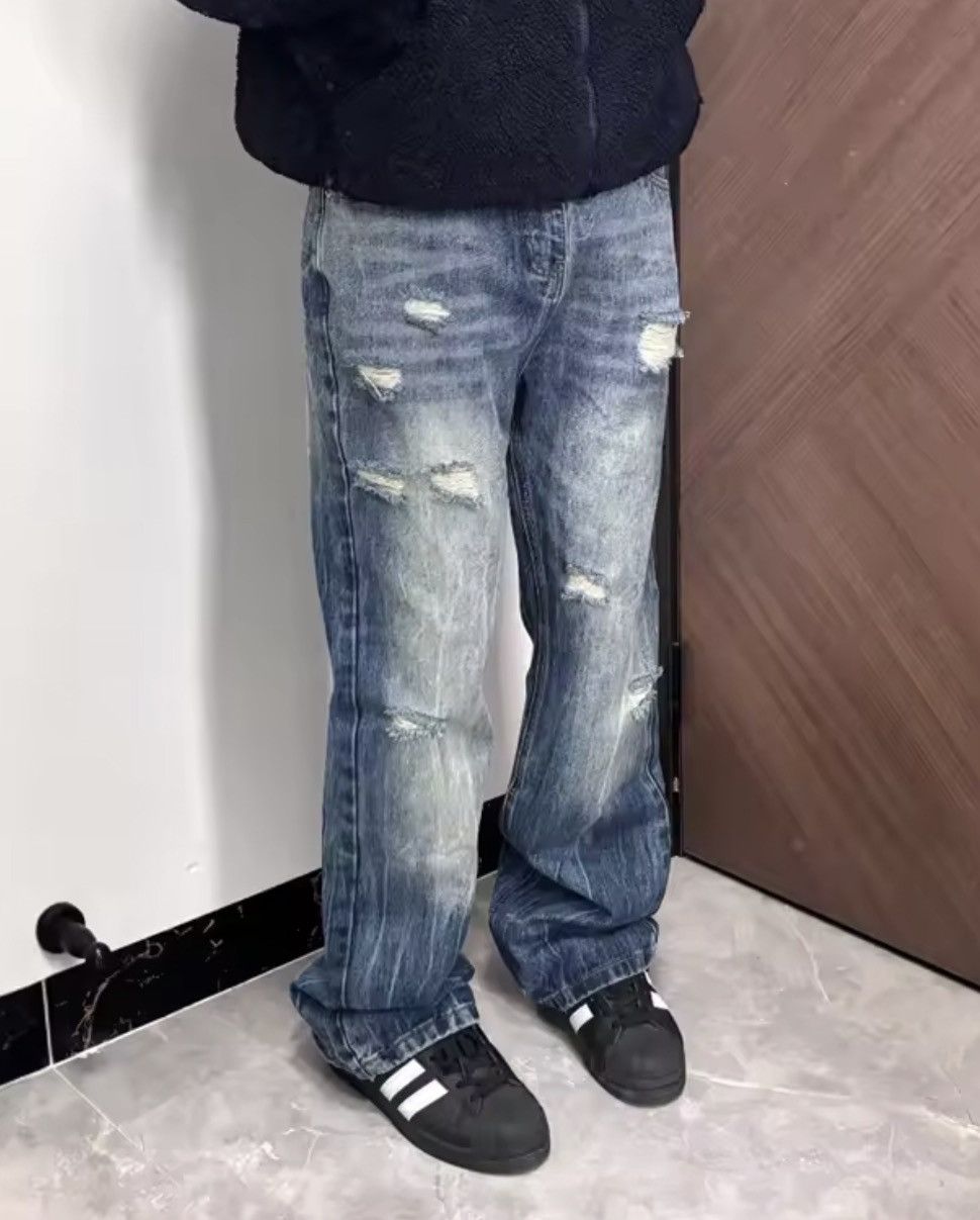 Jean Y2K Blue Distressed Wash Baggy /Flare Stacking Denim Size US 34 / EU 50 - 3 Thumbnail