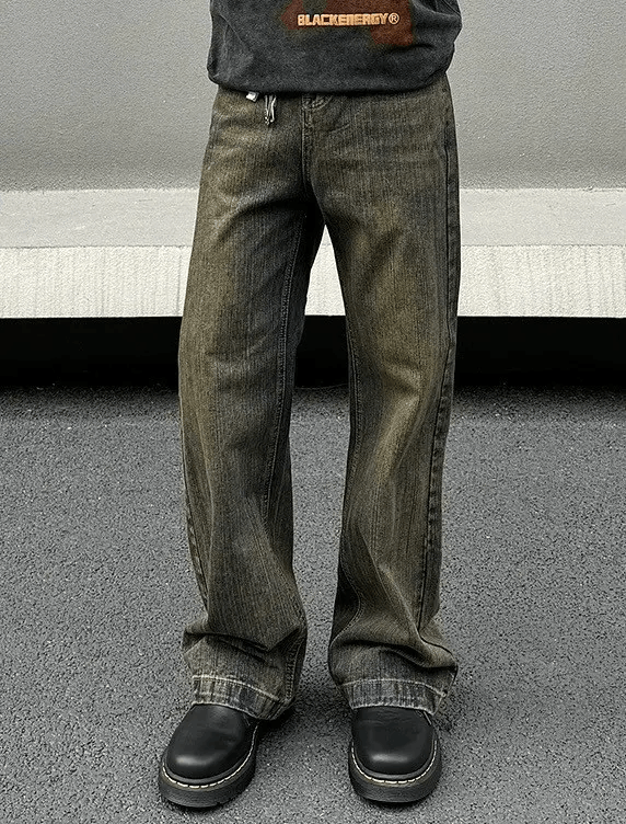 High street retro vintage faded mud straight leg jeans pants