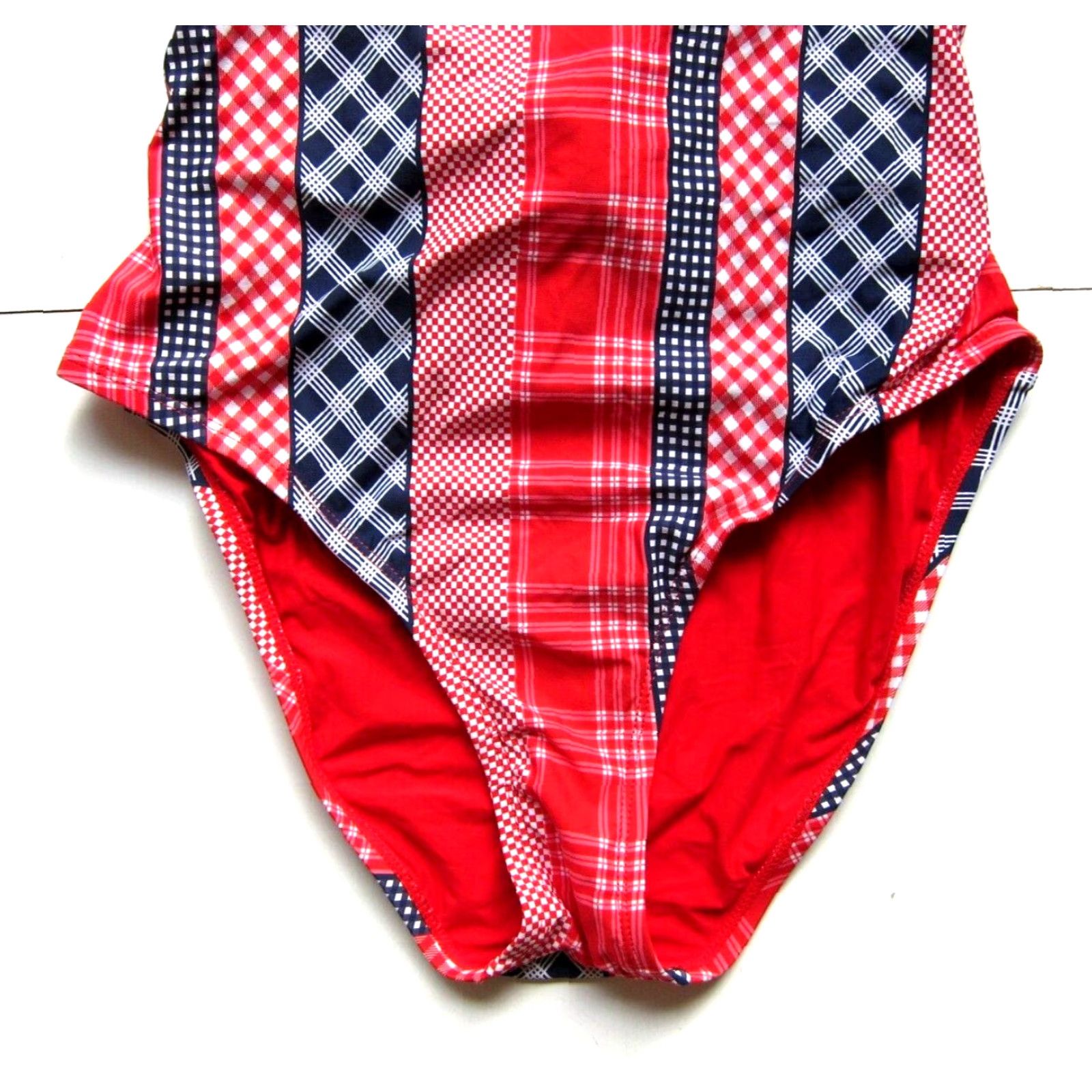 Vintage Sea Angel One Piece Swimsuit Women Medium Plaid Stripe USA Red White Blue Navy Nylon Lycra 88% Slimming Size ONE SIZE - 6 Thumbnail