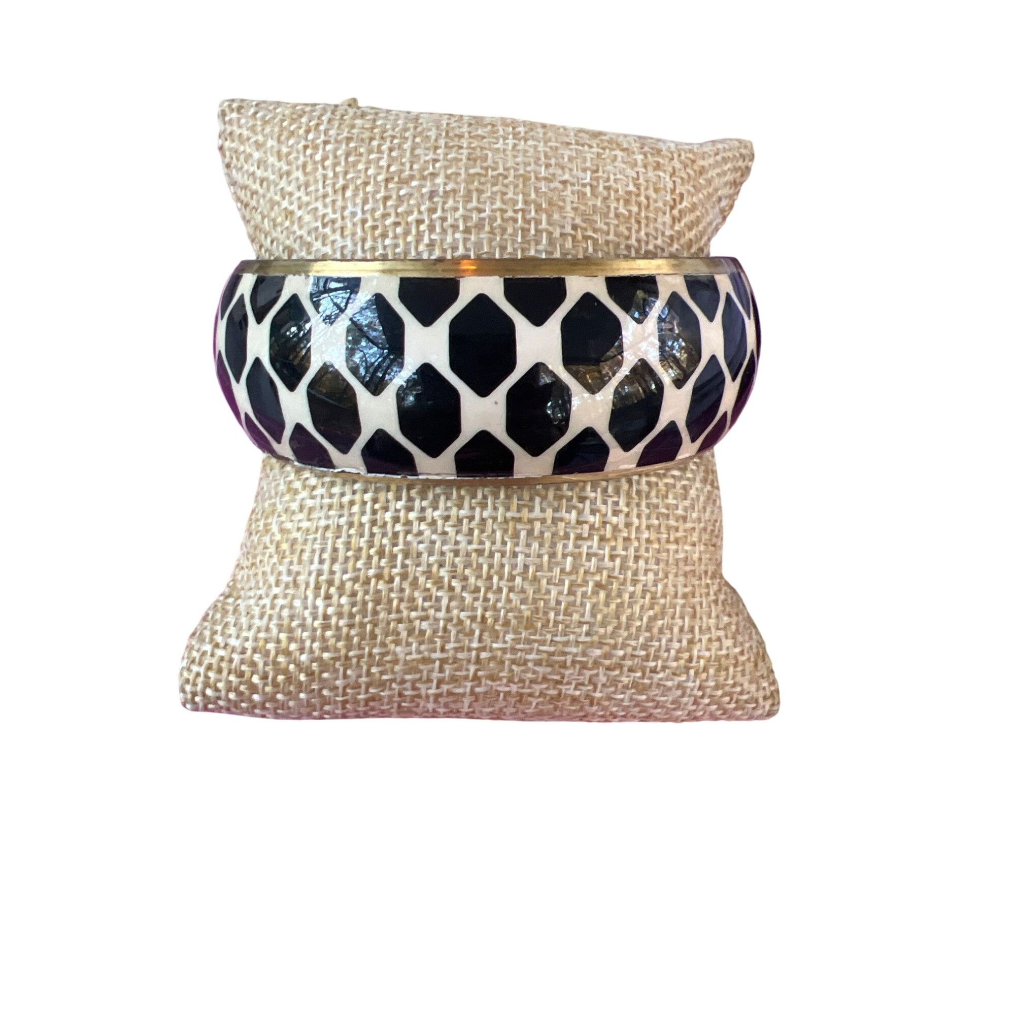 Other Vintage Black White Geometric Brass Bangle Bracelet 1" Wide Size ONE SIZE - 1 Thumbnail