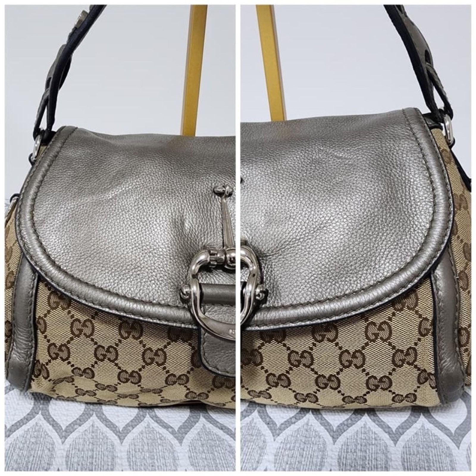 Gucci Gucci Medium GG Canvas Techno Horsebit Flap Hobo Bag Grey/Be Size ONE SIZE - 7 Thumbnail
