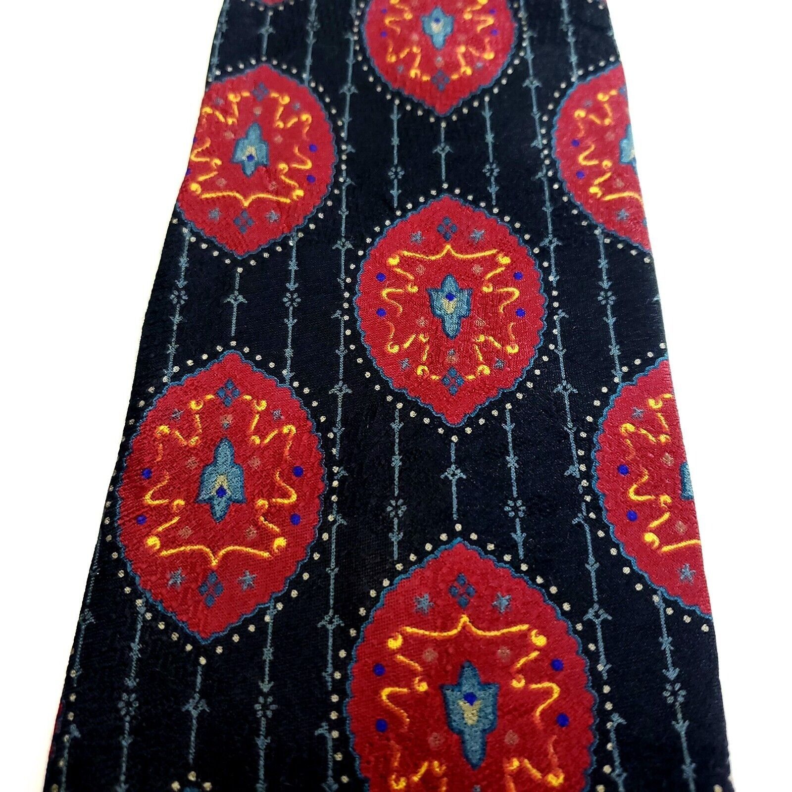 Designer Liz K Jacquard Print Red Black Abstract Short Wide Silk Tie Size ONE SIZE - 2 Thumbnail