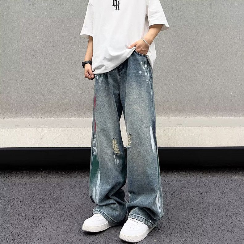 Japanese Brand Men's loose wide-leg straight American washed ripped jeans Size US 32 / EU 48 - 3 Thumbnail