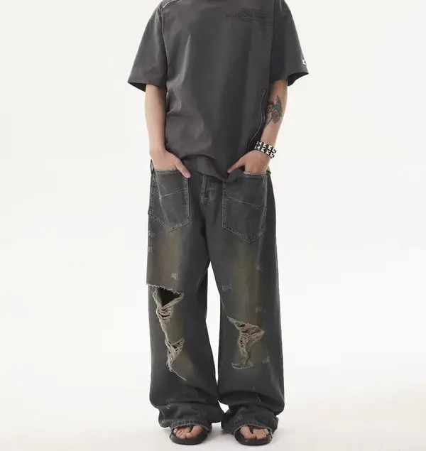 Japanese Brand VIBE Reverse pocket washed ripped heavyweight baggy jeans Size US 34 / EU 50 - 7 Thumbnail