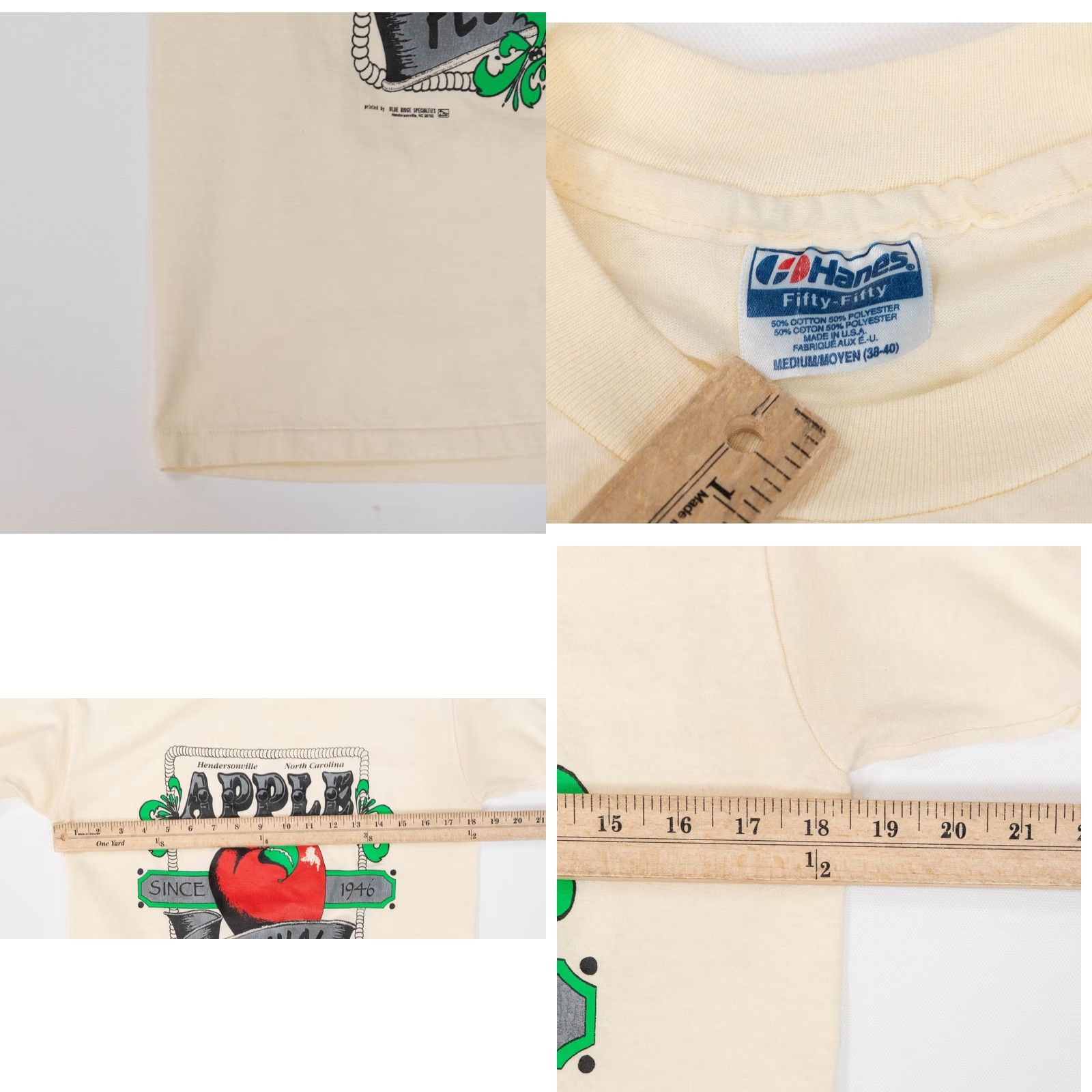 Hanes VINTAGE Hanes Apple Festival T-Shirt Men M Single Stitch NC North Carolina 90s USA Festival Apple Logo Ivory Cotton Crew Neck Short Sleeve Size US M / EU 48-50 / 2 - 8 Thumbnail