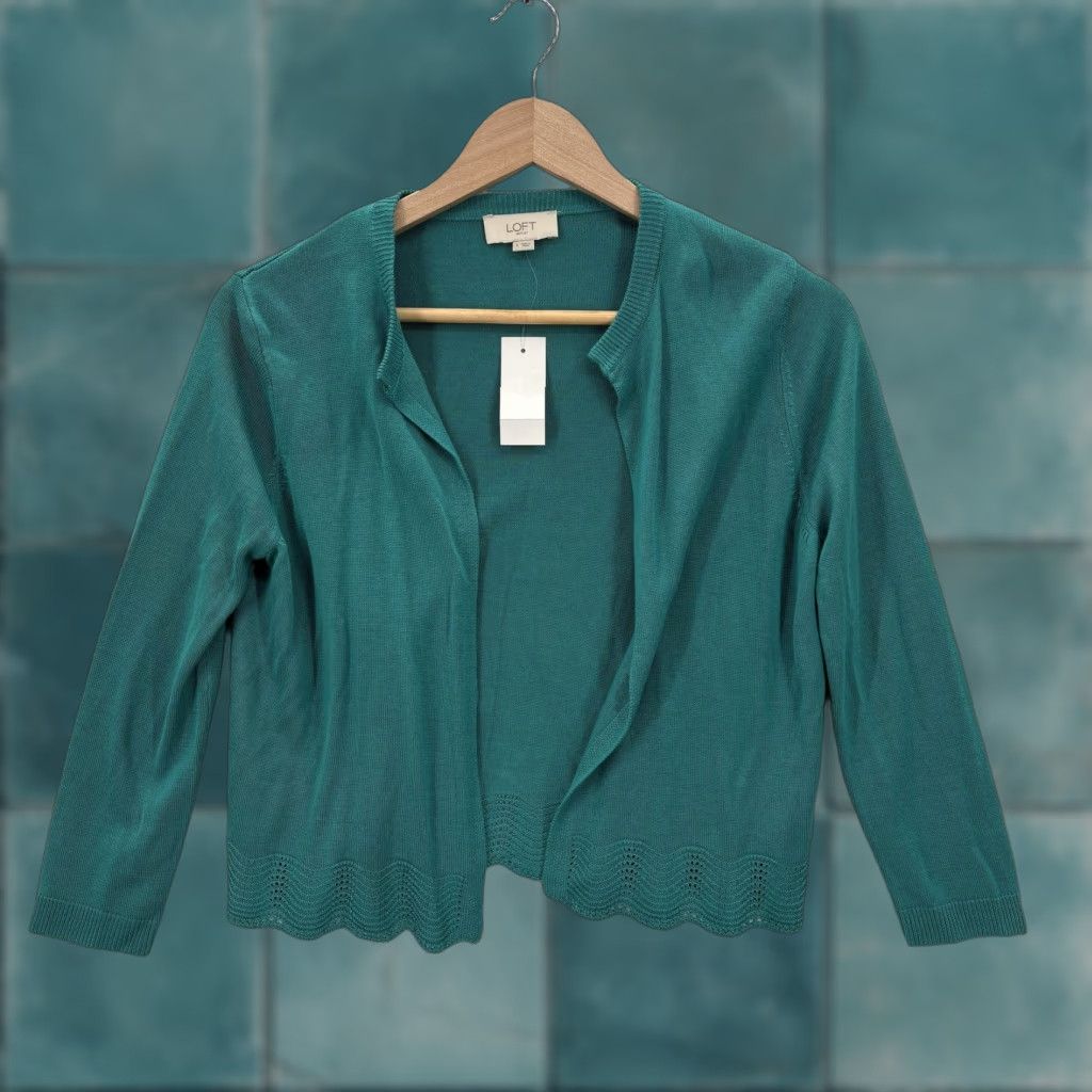 Loft LOFT Cardigan Sweater Womens Small Green Open Front Scallop Hem Lightweight NWT Size S / US 4 / IT 40 - 1 Thumbnail