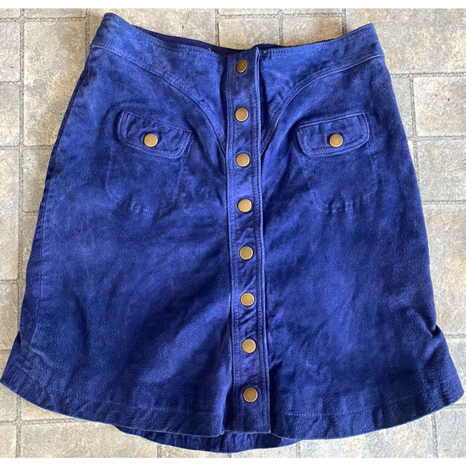 Anthropologie Anthropologie Mini Skirt Blue Leather 6P Pockets Snap Button Up High Rise Women Streetwear | 100% Leather | Petite | US 6P Size 28" / US 6 / IT 42 - 2 Thumbnail