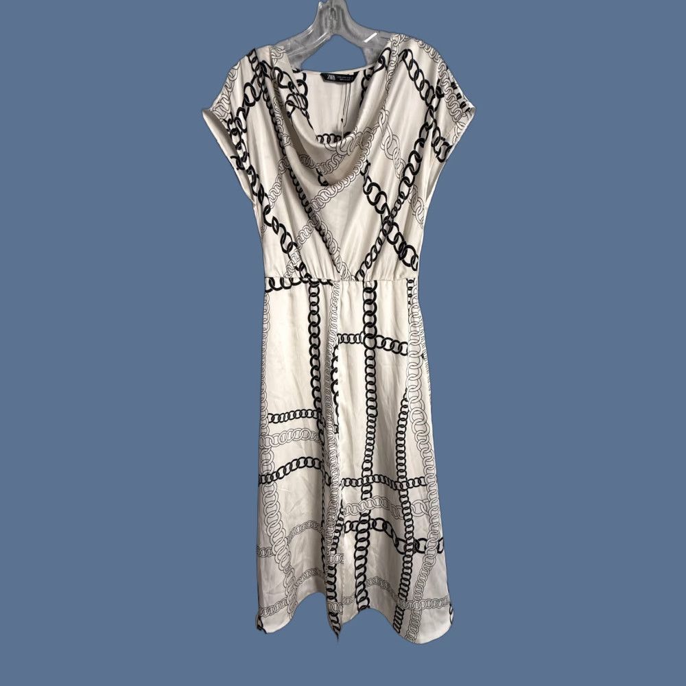 Zara Dress Womens Medium White Chain Satin Cowl Neck Cap Sleeve Fit & Flare  Maxi Dress
