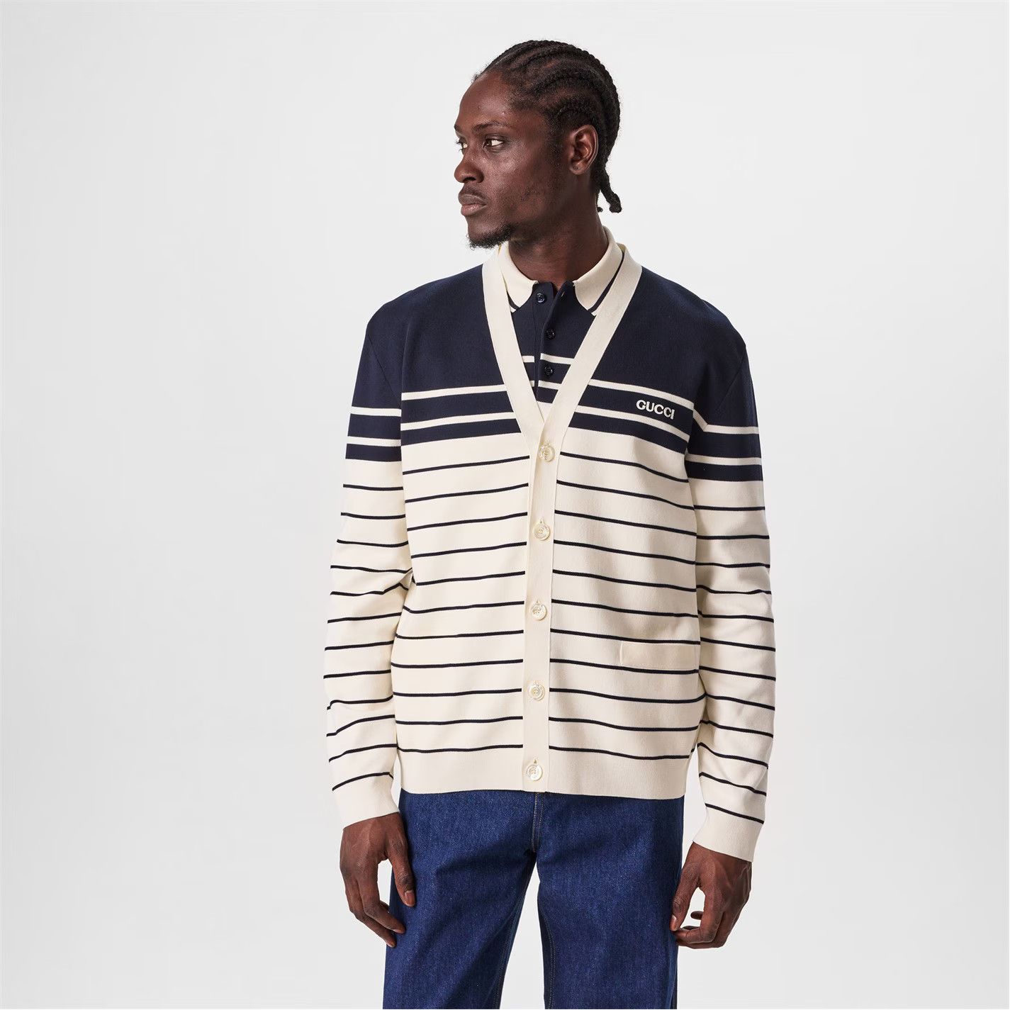 Gucci o1g2r1mq0426 Striped Knit Cotton Cardigan in White/Navy Size US L / EU 52-54 / 3 - 3 Thumbnail