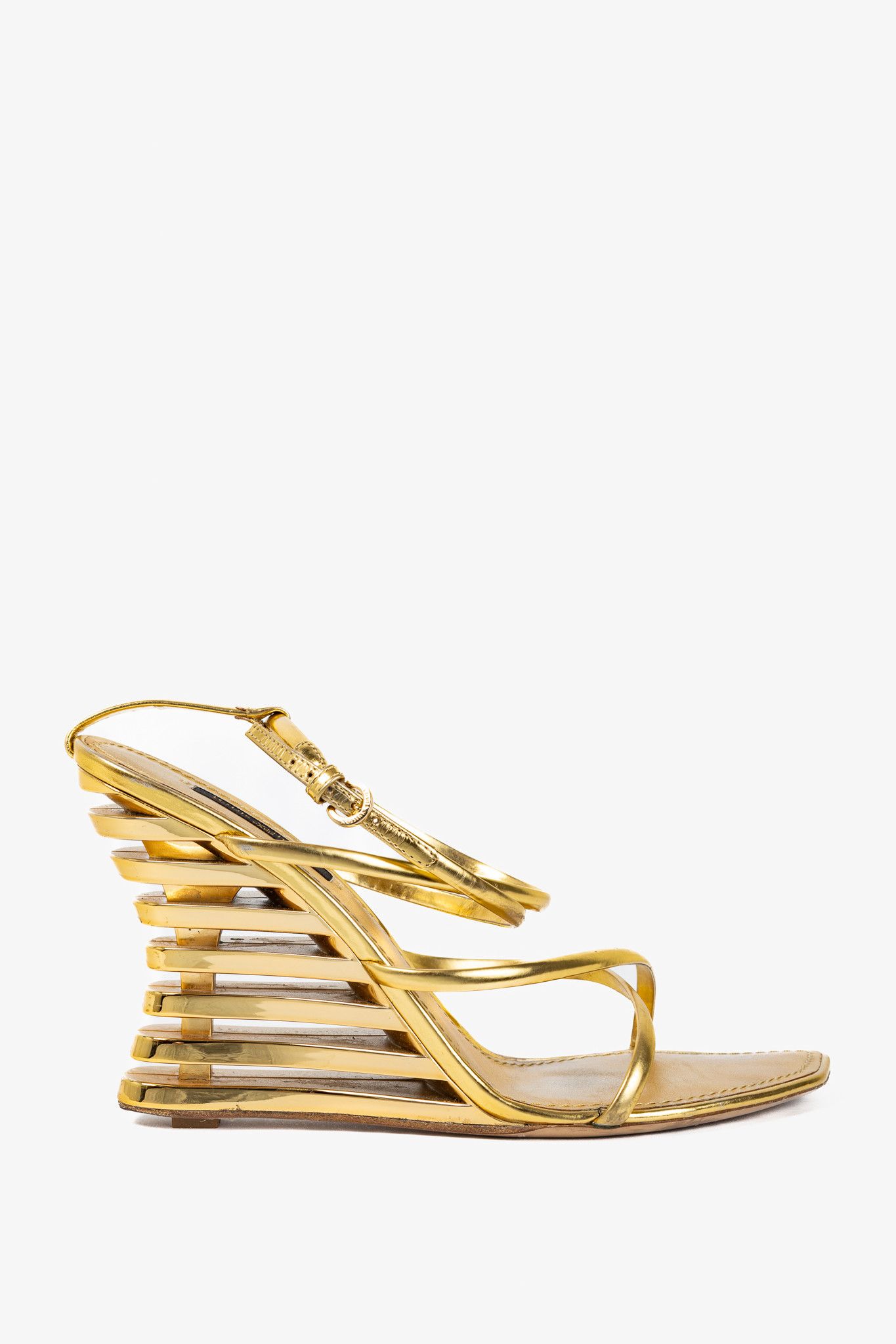 Louis Vuitton Louis Vuitton Lime Wedge Gold Leather Stepped-Heel Sandals Size US 7 / IT 37 - 1 Thumbnail