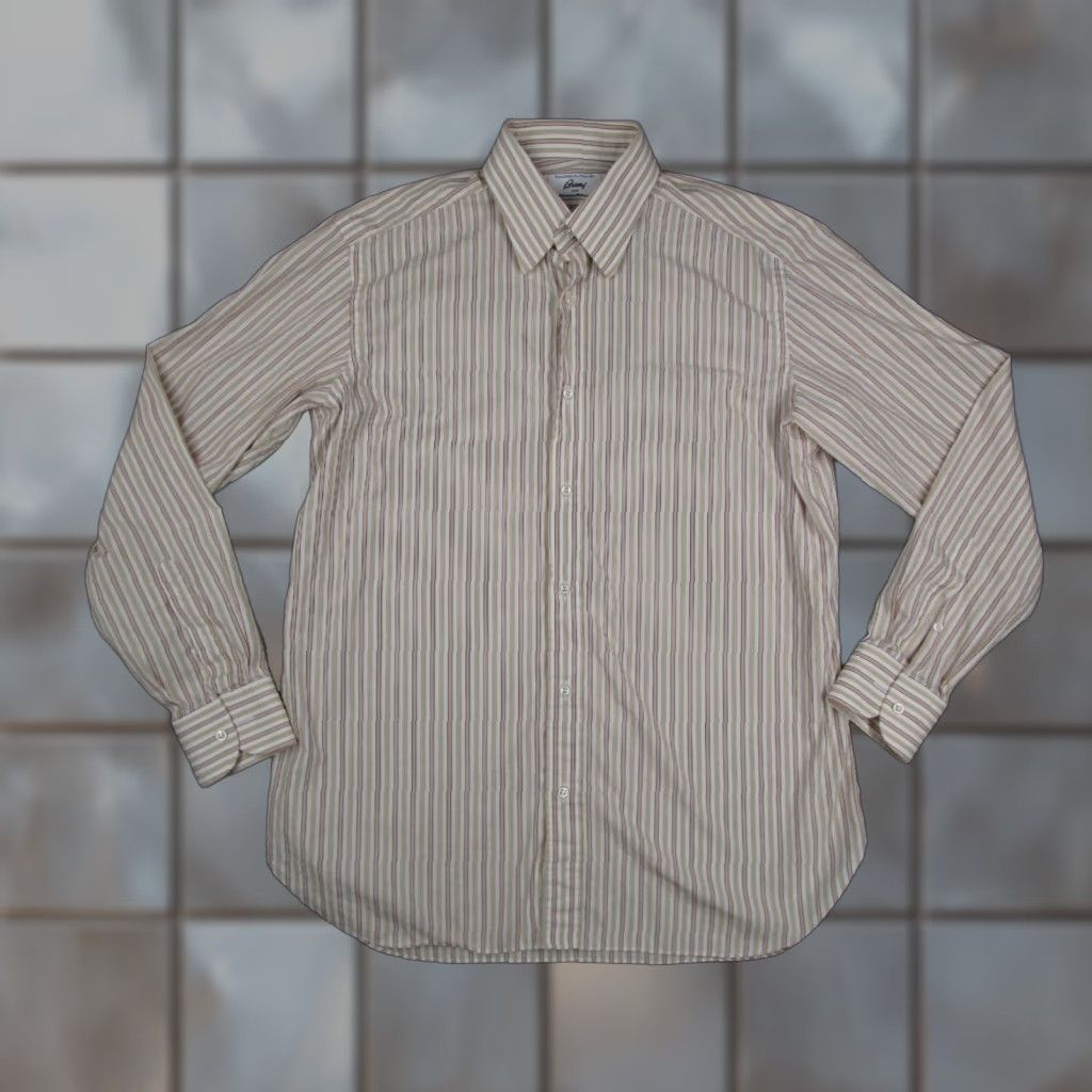 Brioni VINTAGE Brioni Dress Shirt Large 16 Beige Striped Long Sleeve Button Up Italian Designer Mens Size 42R - 1 Thumbnail