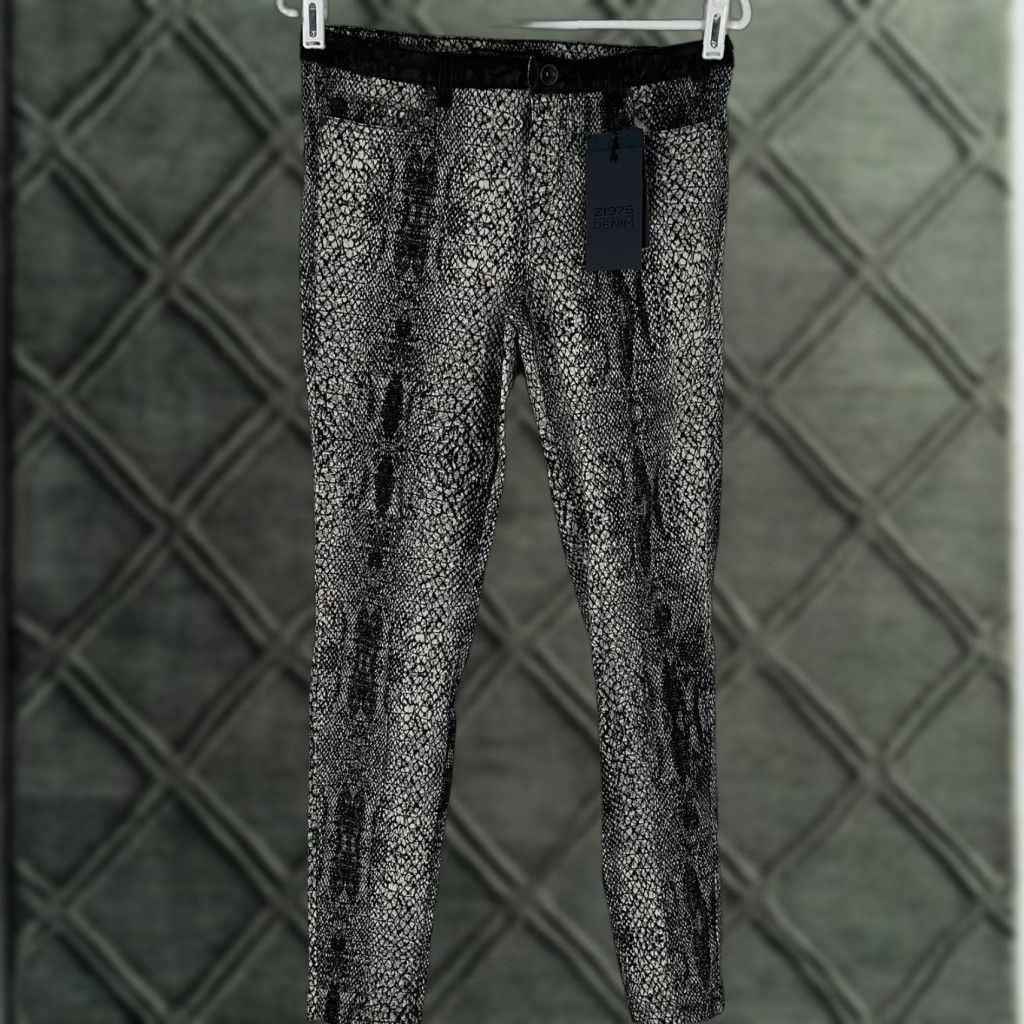 Zara Z1975 Denim Jeans Womens Gray Faux Leather Waist Snake Print Skinny