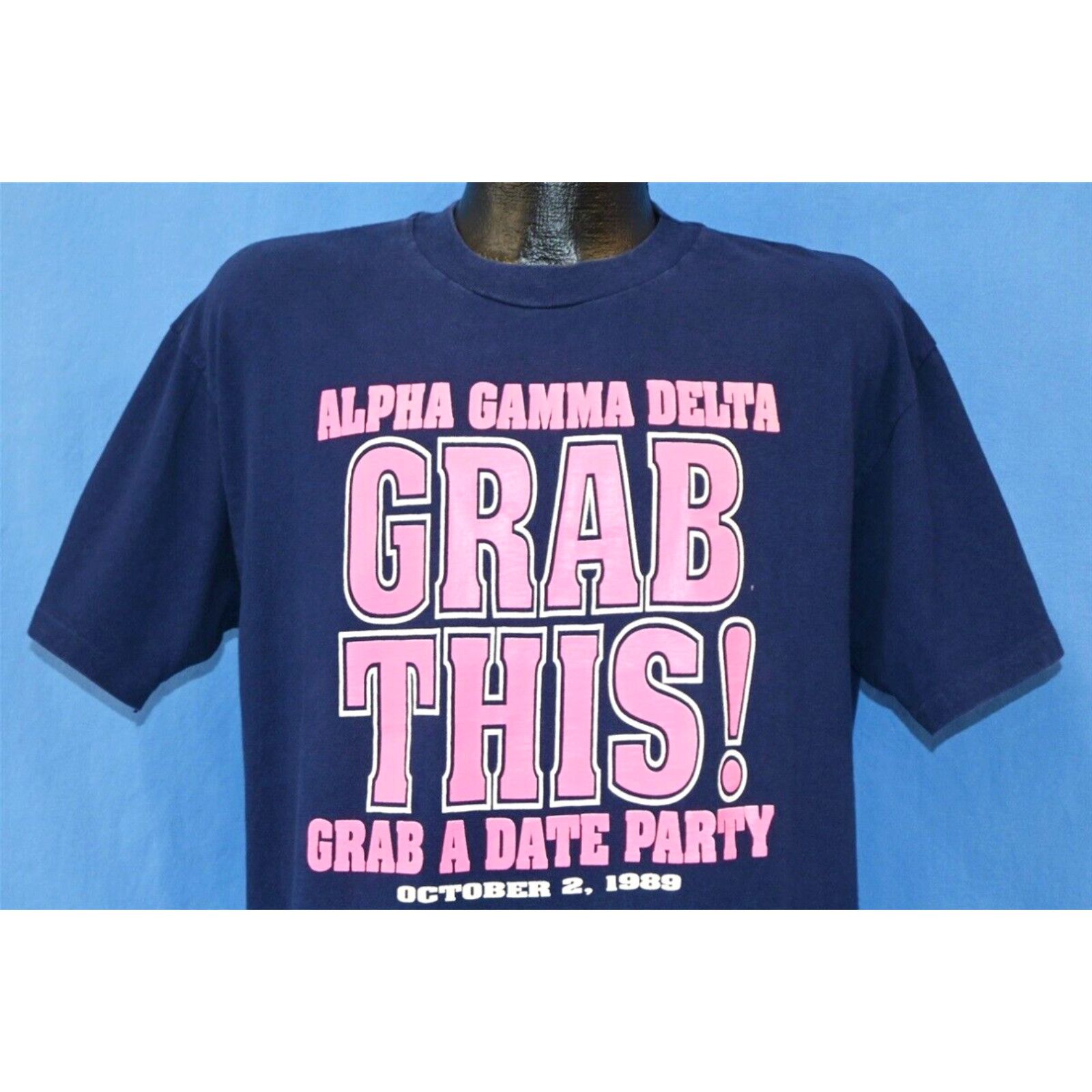 image of Hanes Vintage 80's Alpha Gamma Delta Sorority Grab A Date Party Oct 2 1989 T-Shirt XL in White, Men