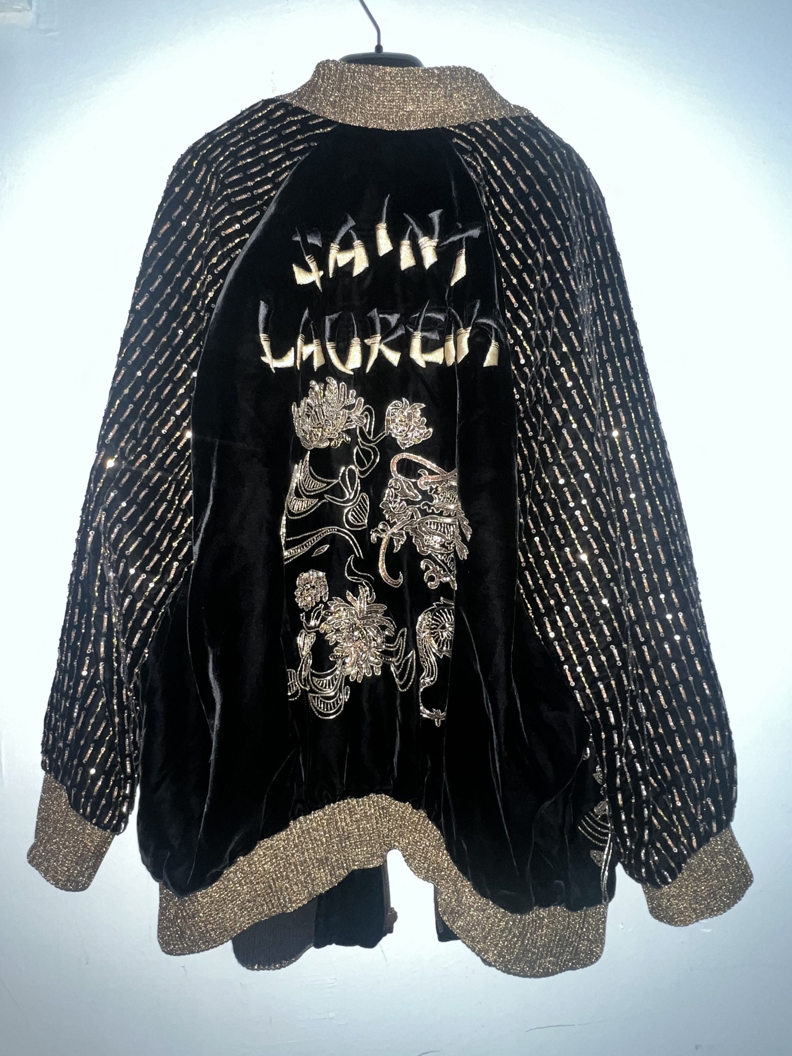 image of Saint Laurent Paris Velvet Embroidery Bomber in Black, Women's (Size XS)