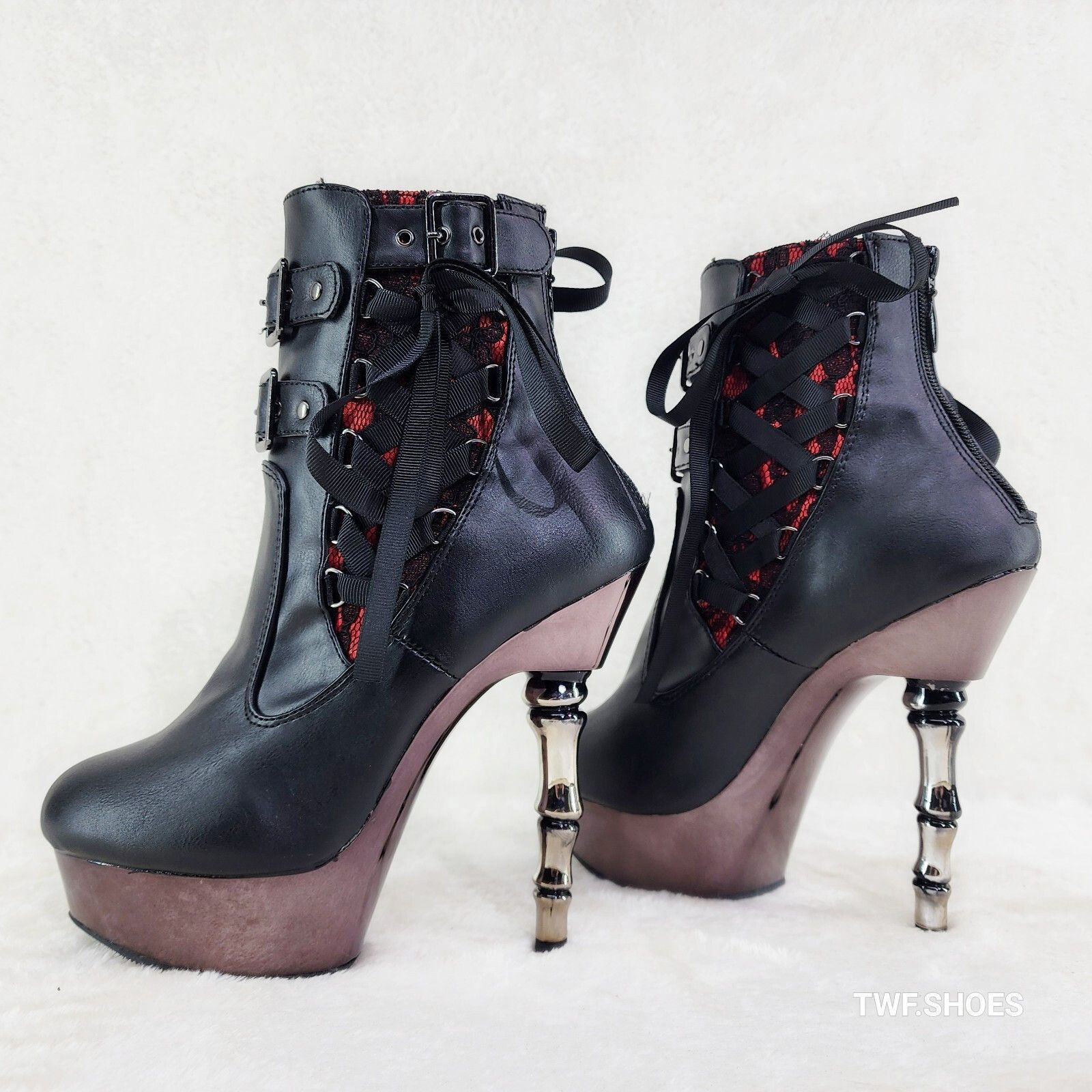 Other Muerto 1033 Red Lace Panel Finger Bone High Heel Platform An Size US 10 / IT 40 - 4 Thumbnail