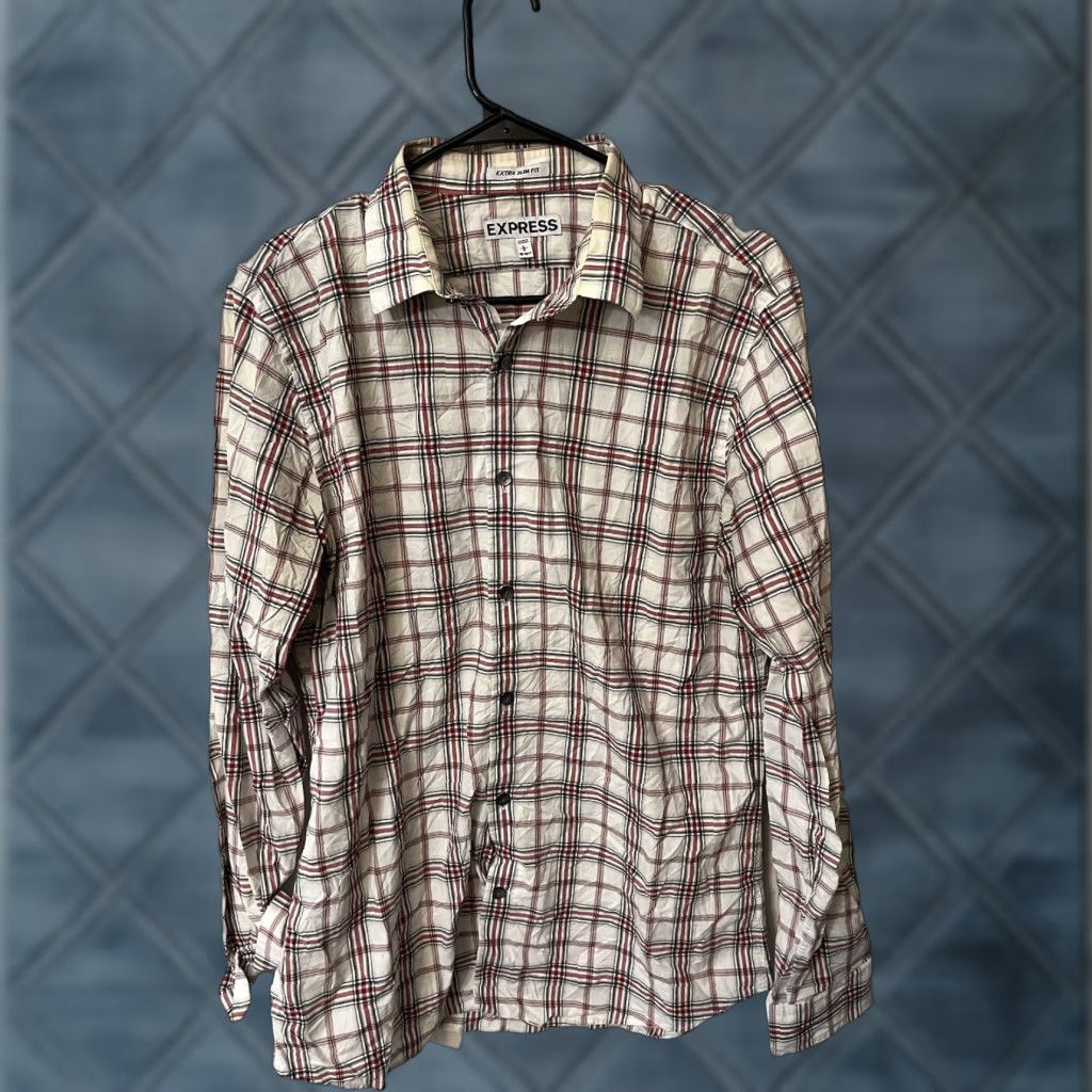 Express Express Dress Shirt Mens Large Extra-Slim Multicolor Plaid Check 100% Cotton Modern Button Long Sleeve Collared 29 in Size 42R - 1 Thumbnail