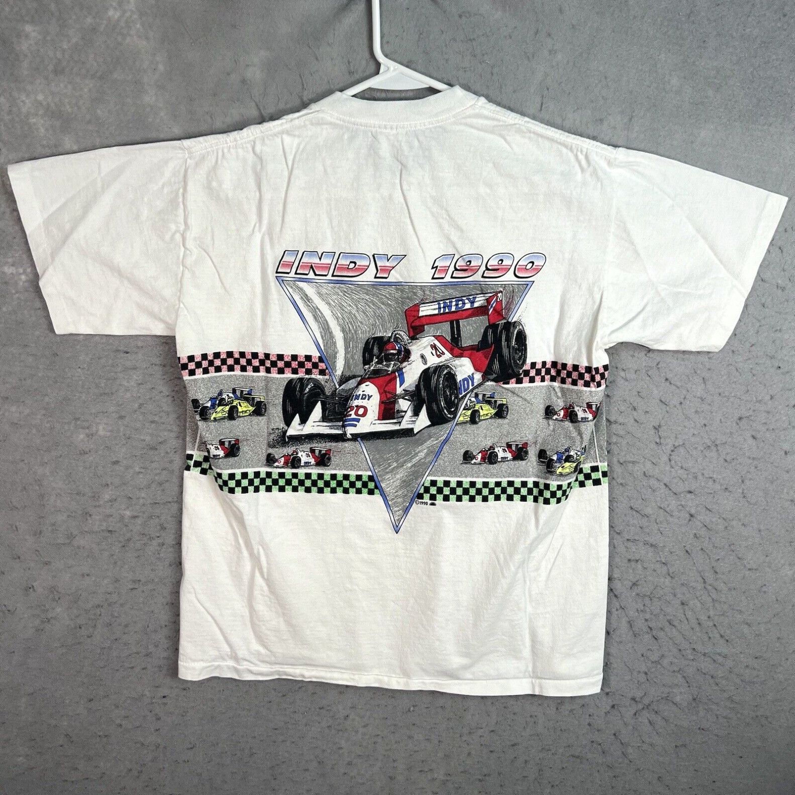 image of Vintage 1990 Indy Racing Car All Over Print T Shirt Adult Large White Usa Made, Men's