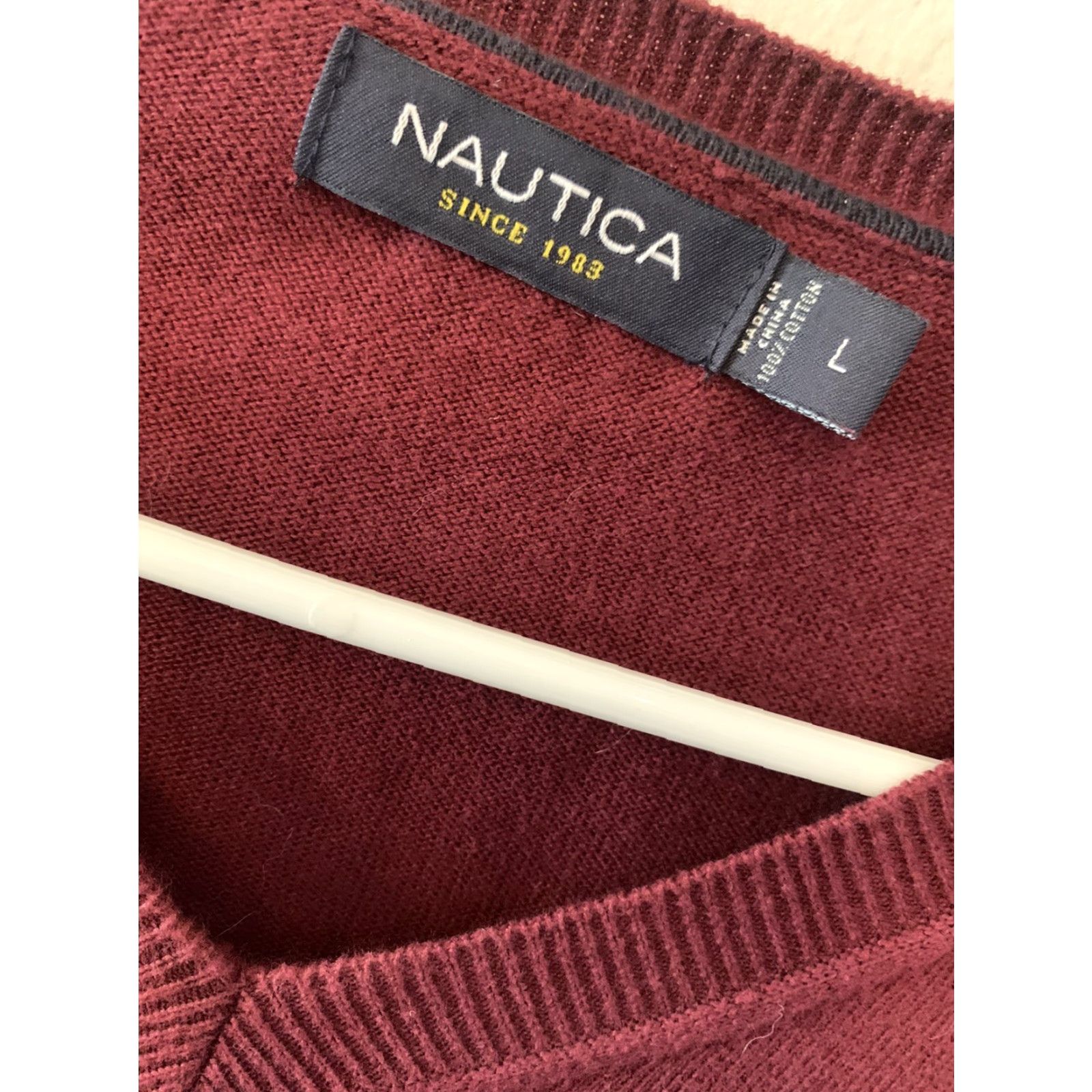 Nautica Nautica Maroon V-Neck Long Sleeve Sweater Mens L 100% Cotton Textured Knit Logo Modern Classic Size US L / EU 52-54 / 3 - 2 Thumbnail