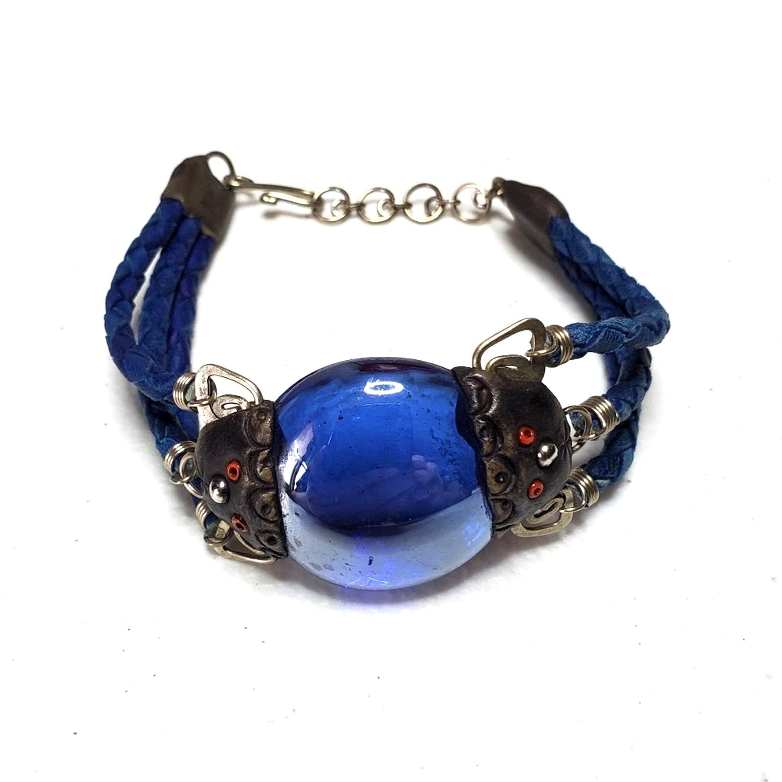 Vintage Handcrafted Cabochon Glass Leather Triple Braid Bracelet Size ONE SIZE - 1 Thumbnail