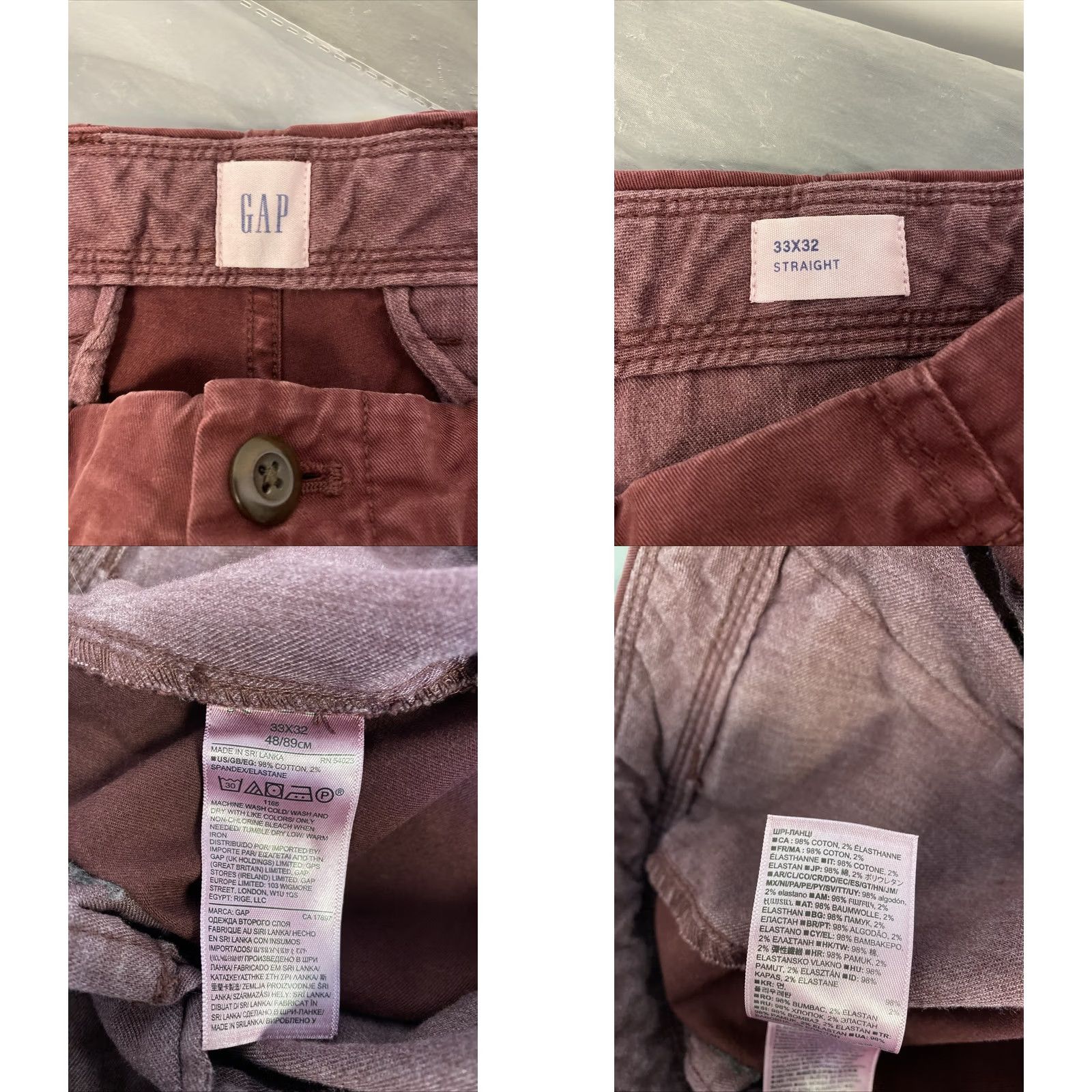 Gap Gap Chino Pants Mens 33x32 Slim Chino Pants Maroon Cotton Twill Pockets Button Zip Slim Stretch Casual Men’s Pants Size US 33 - 8 Thumbnail