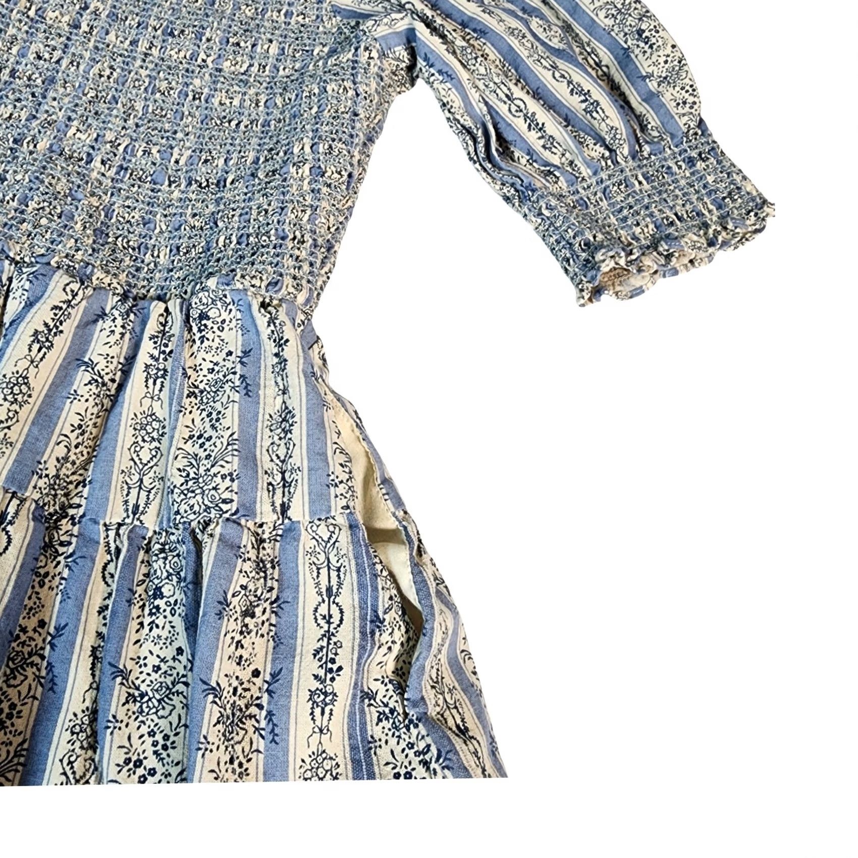 Vintage Aureum Blue Floral Stripe Smocked Mini Dress XS Women Cotton Short Puff Sleeve Zip Back Zipper Pockets Lined Bohemian Flower Spring Summer Vintage N/A Size 26" / US 2 / IT 38 - 6 Thumbnail