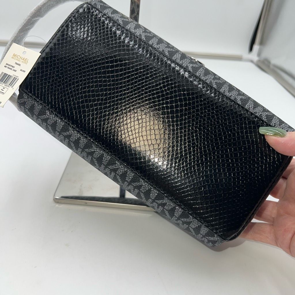 Michael Kors Michael Kors Black and Silver MD Travel Case with Snakeskin Embossed Leather on bottom and Handle Size ONE SIZE - 4 Thumbnail