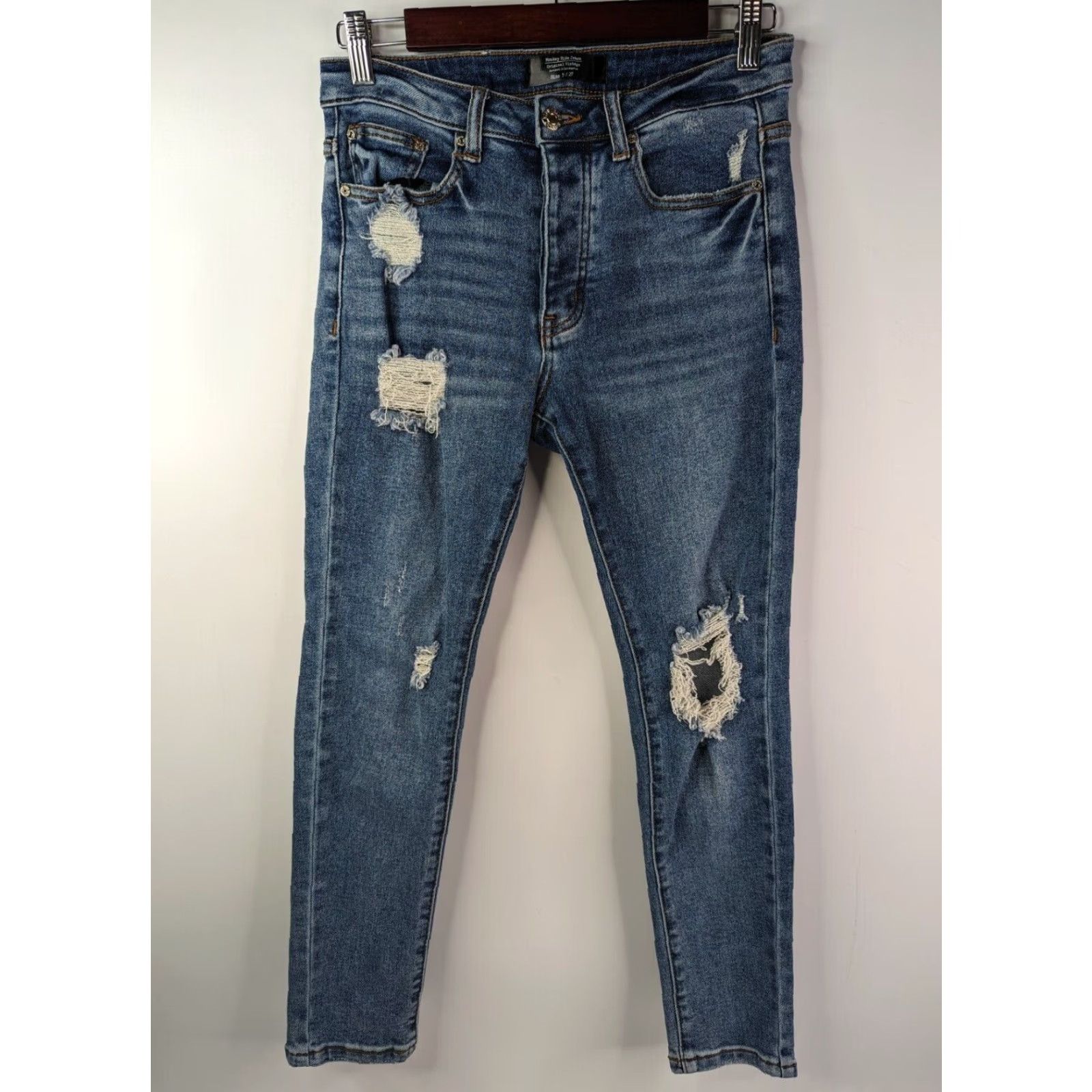 Vintage Monkey Ride Skinny Jeans Womens 27 Blue Button Fly Distressed Denim Cotton Spandex Jeans 5/27 Vintage No Size 27" / US 4 / IT 40 - 2 Thumbnail
