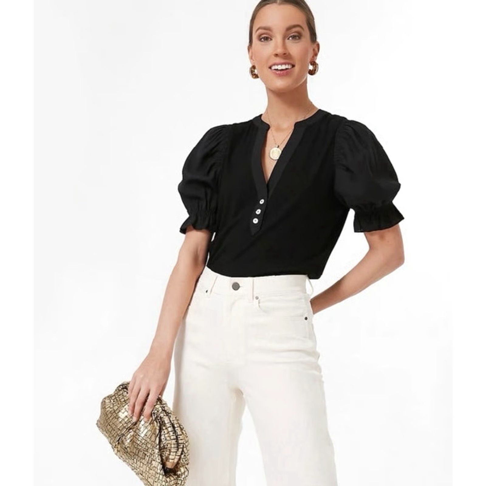 Vintage Tuckernuck Pomander Place White Livia Top XS Puff Sleeve Ribbed Tee EUC Space? Size XS / US 0-2 / IT 36-38 - 2 Thumbnail