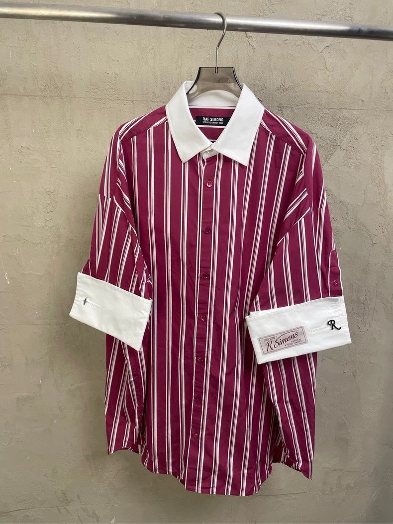 Raf Simons Raf Simons Plum white striped silver button Logo short slee Size US L / EU 52-54 / 3 - 1 Thumbnail