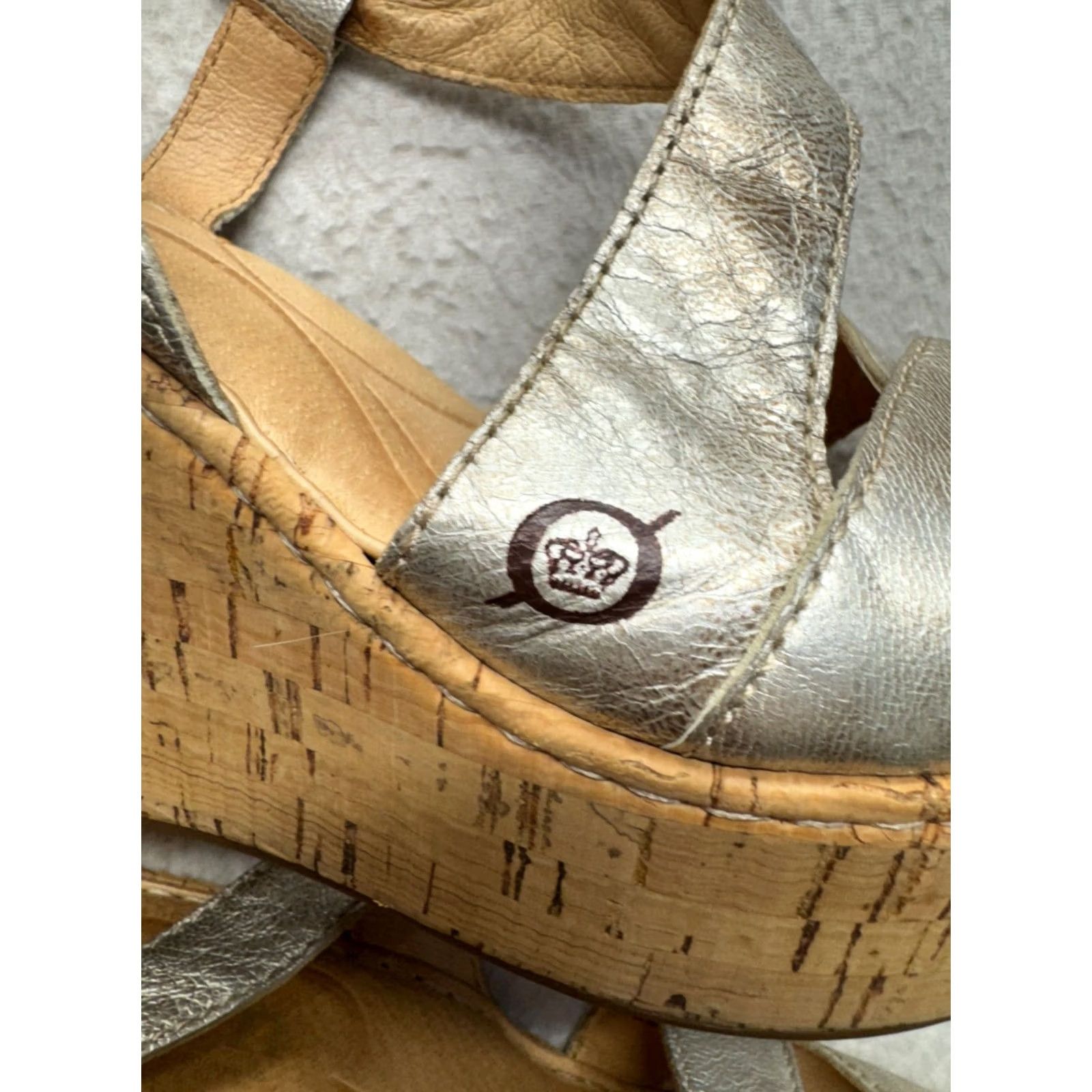 Born BORN Sandal Women 7 Silver Leather Cork Wedge Strappy Open-Toe Size US 7 / IT 37 - 5 Thumbnail