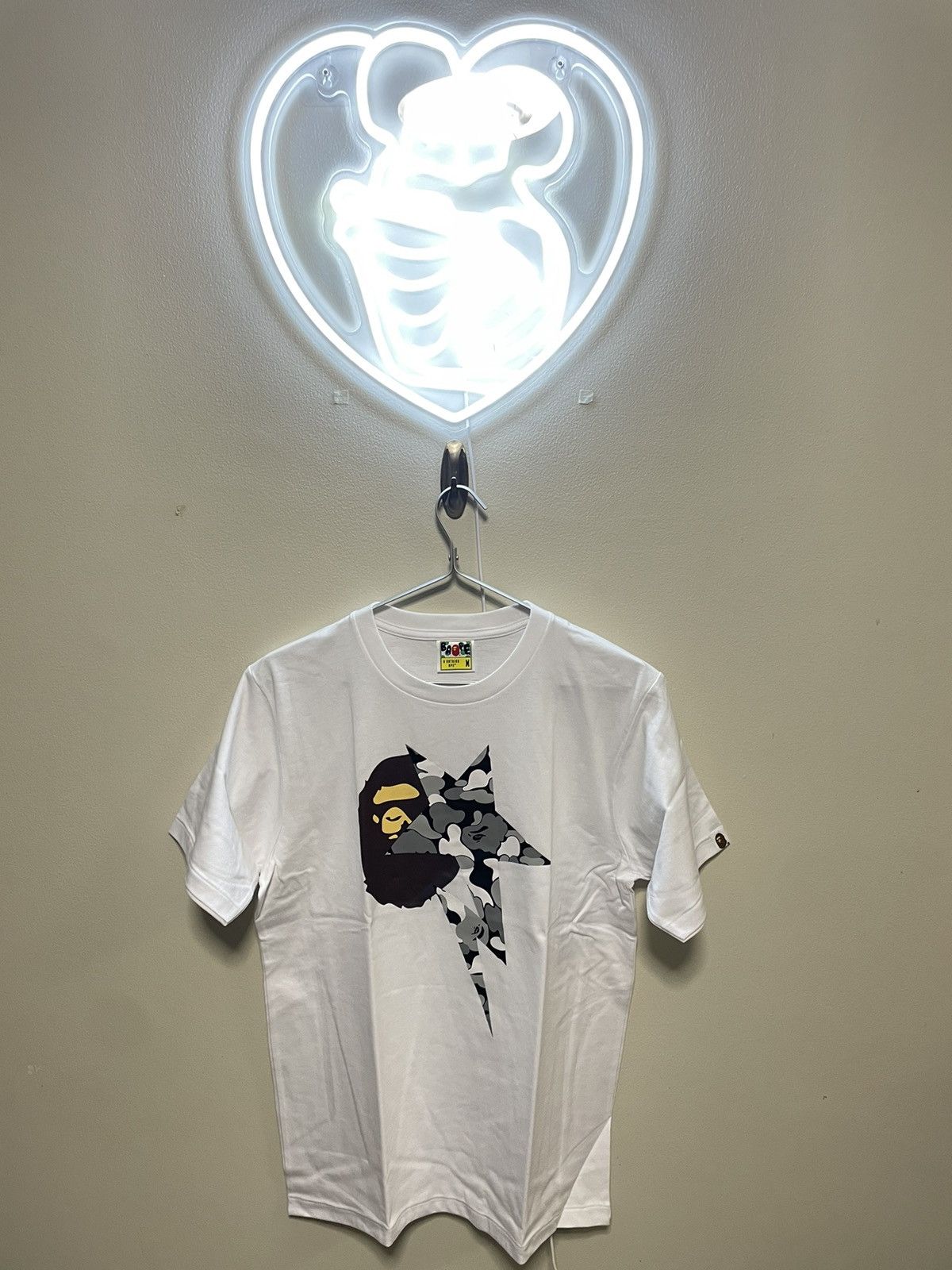 image of Bape Apehead Grey Camo Bapesta White Tee, Men's (Size Medium)