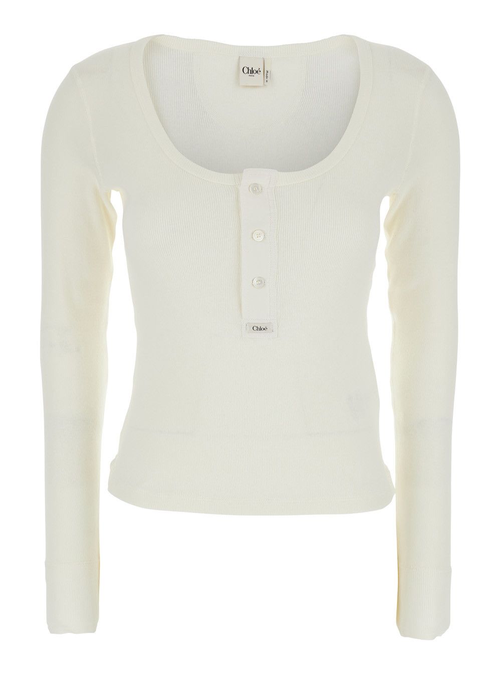Chloe White Long Sleeve T-Shirt with Logo Patch on the Front In Ribbed Knit Cotton for Women Size L / US 10 / IT 46 - 1 Thumbnail