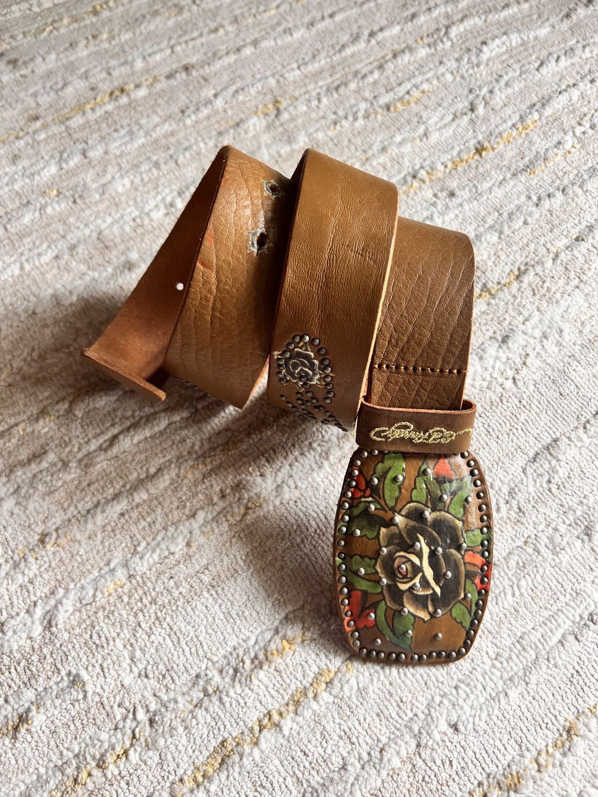 Christian Audigier × Ed Hardy Ed Hardy Studded Signature Leather Belt Size 34 - 1 Thumbnail