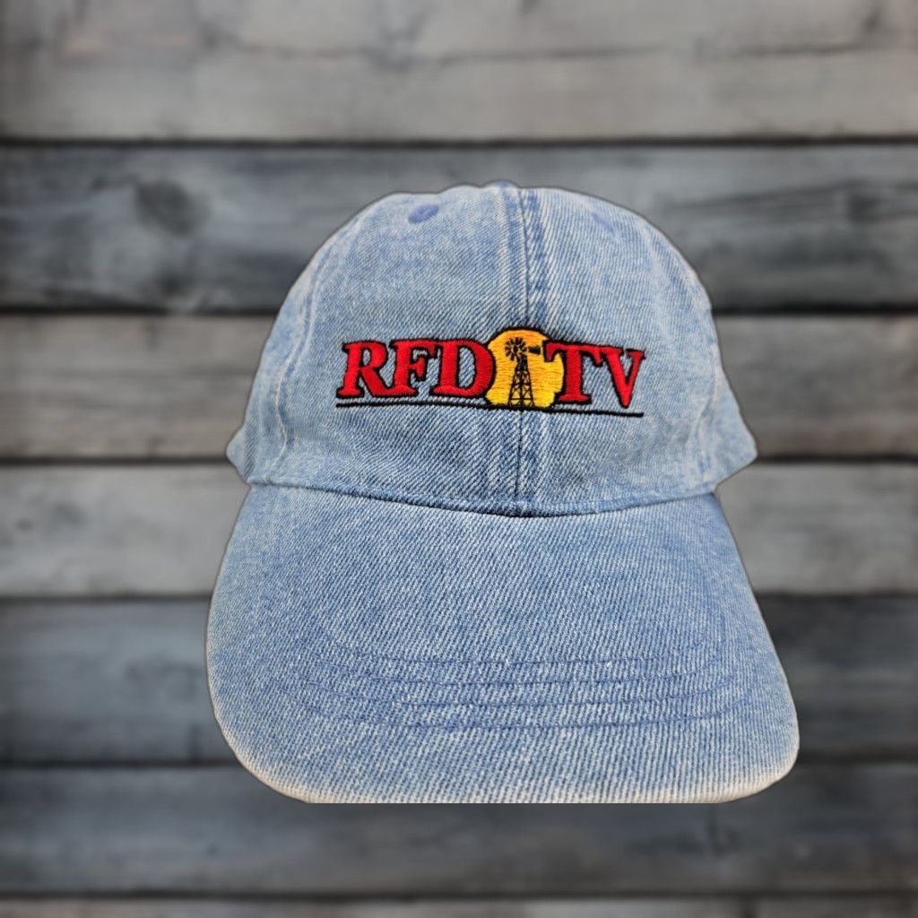 Denime VINTAGE Artwears Unlimited RFD TV Distressed Denim Jean Adjustable Ball Cap Farmers Hat Trucker Men Adjustable Blue Denim TV 90s Mens Size US 35 - 1 Thumbnail