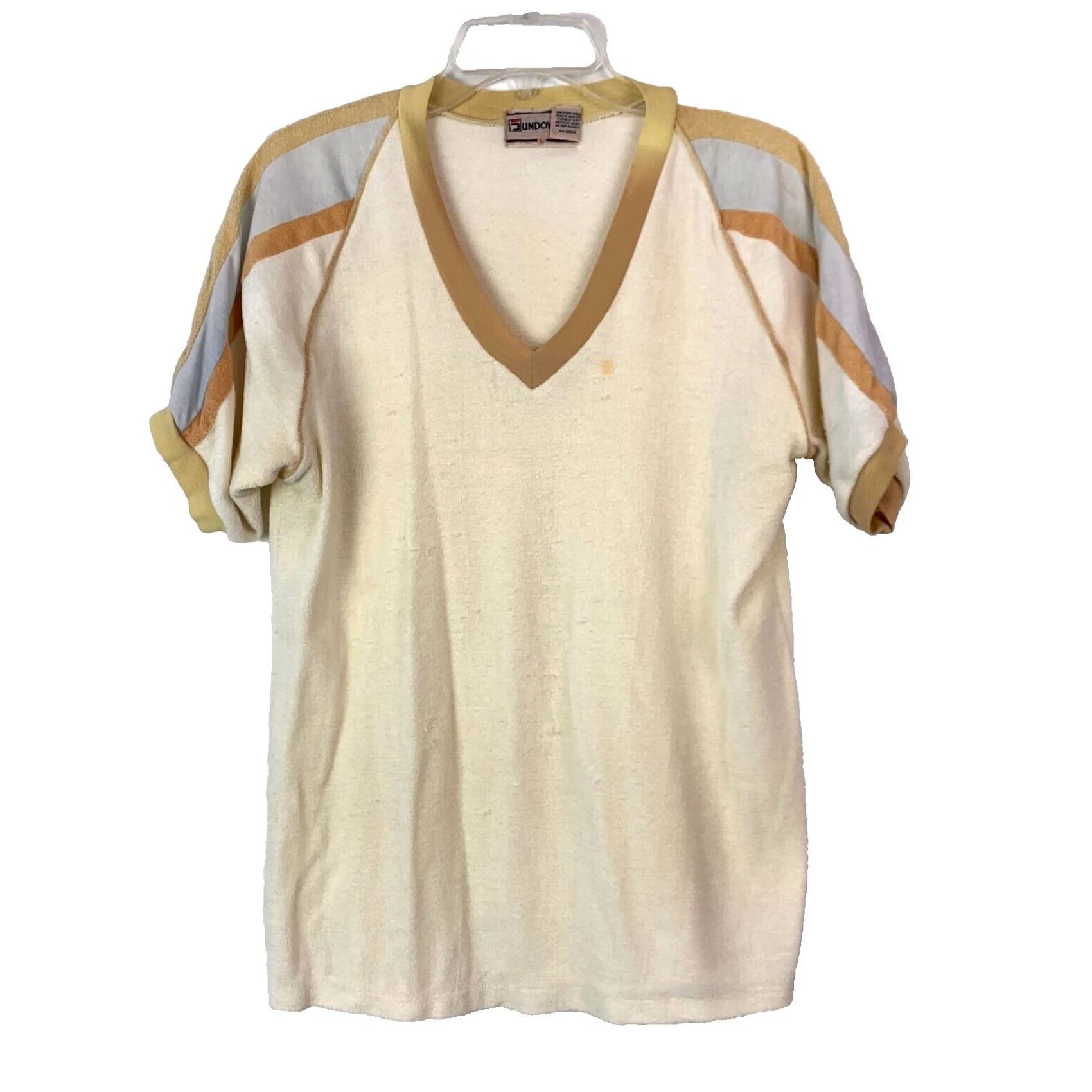 Vintage VINTAGE Sundowner Shirt Mens Large 70s Cream V-Neck Short Sleeve Terry Polyester Polo Shirt Size US L / EU 52-54 / 3 - 2 Thumbnail