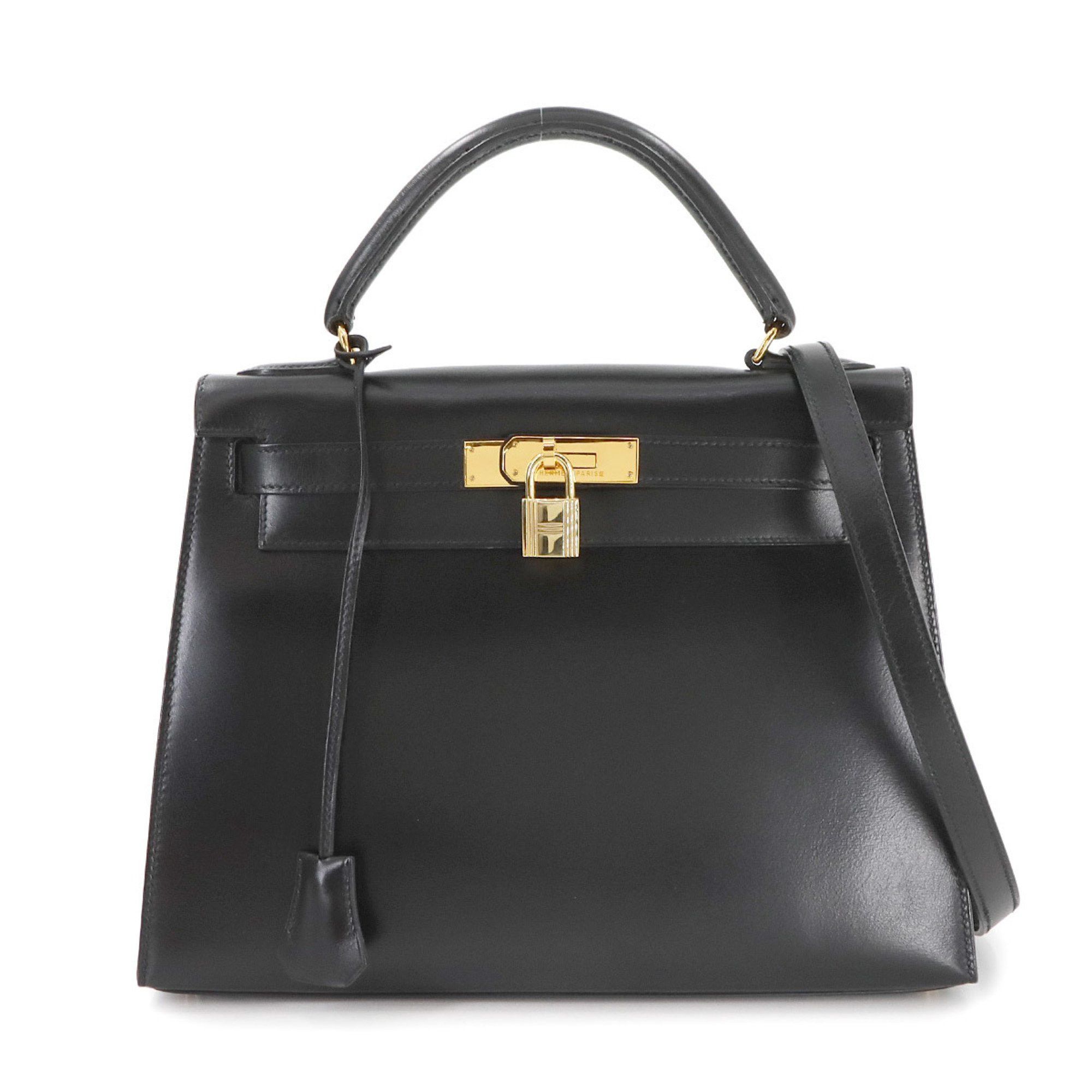 Hermes Kelly 28 2Way Hand Shoulder Bag, Box Calf, Black, W Stamp, Made In 1993, Outside Stitching, Gold Hardware, Women's