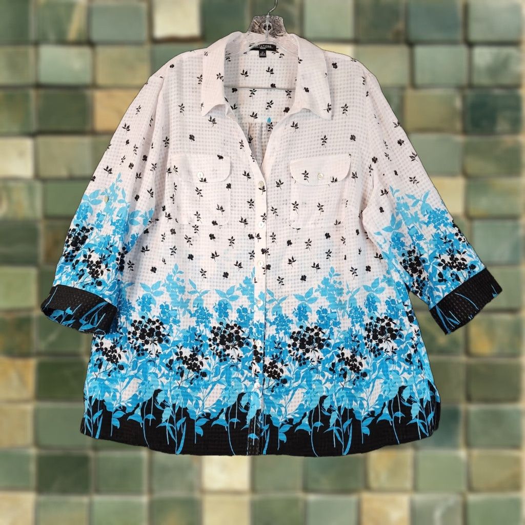 Vintage VINTAGE Notations Floral Blouse Plus Size 2X White Blue 3/4 Sleeve Womens Size XXL / US 16-18 / IT 52-54 - 1 Thumbnail