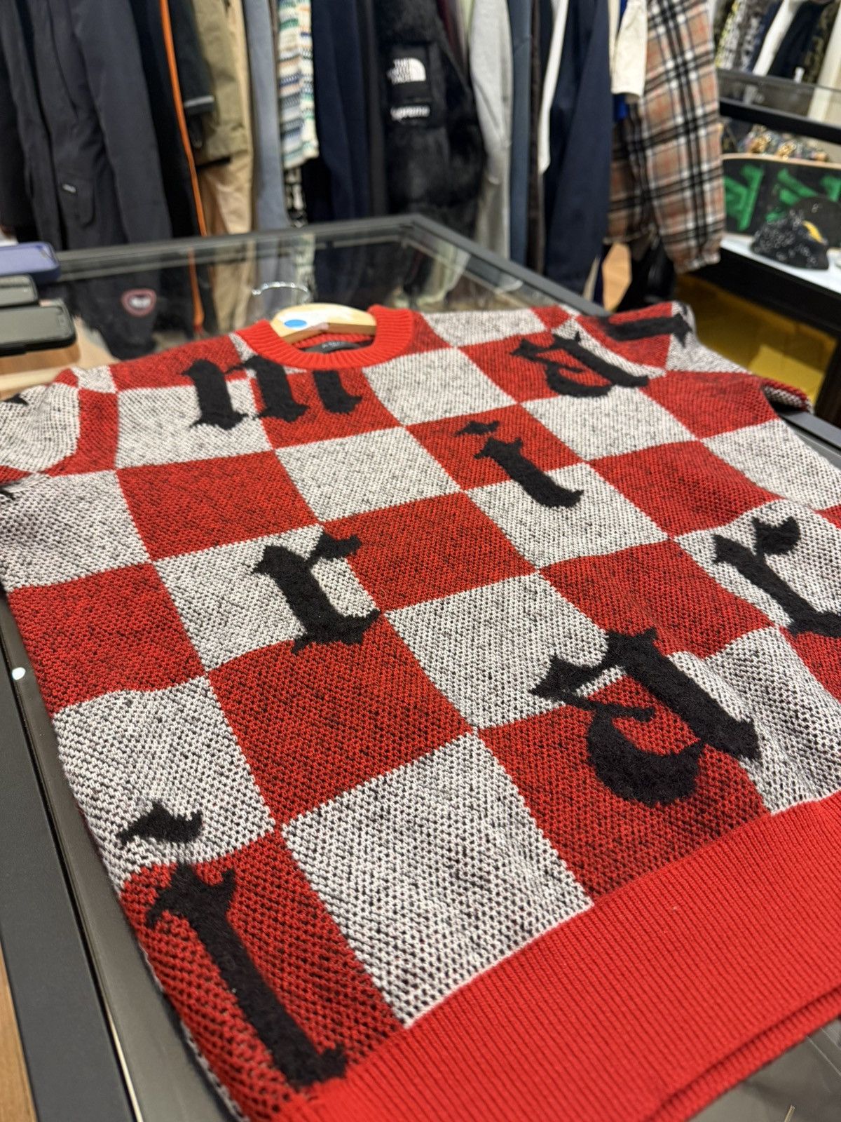 Amiri Amiri Checker Kniw Sweater - Grey/Red Size US M / EU 48-50 / 2 - 3 Thumbnail