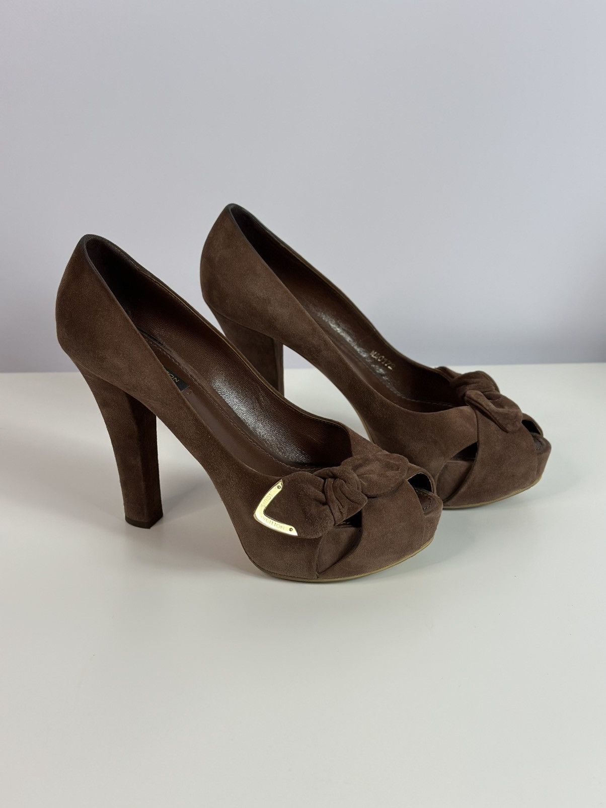 Louis Vuitton Louis Vuitton Brown Suede Catania Peep Toe Platform Pumps Size US 8 / IT 38 - 1 Thumbnail