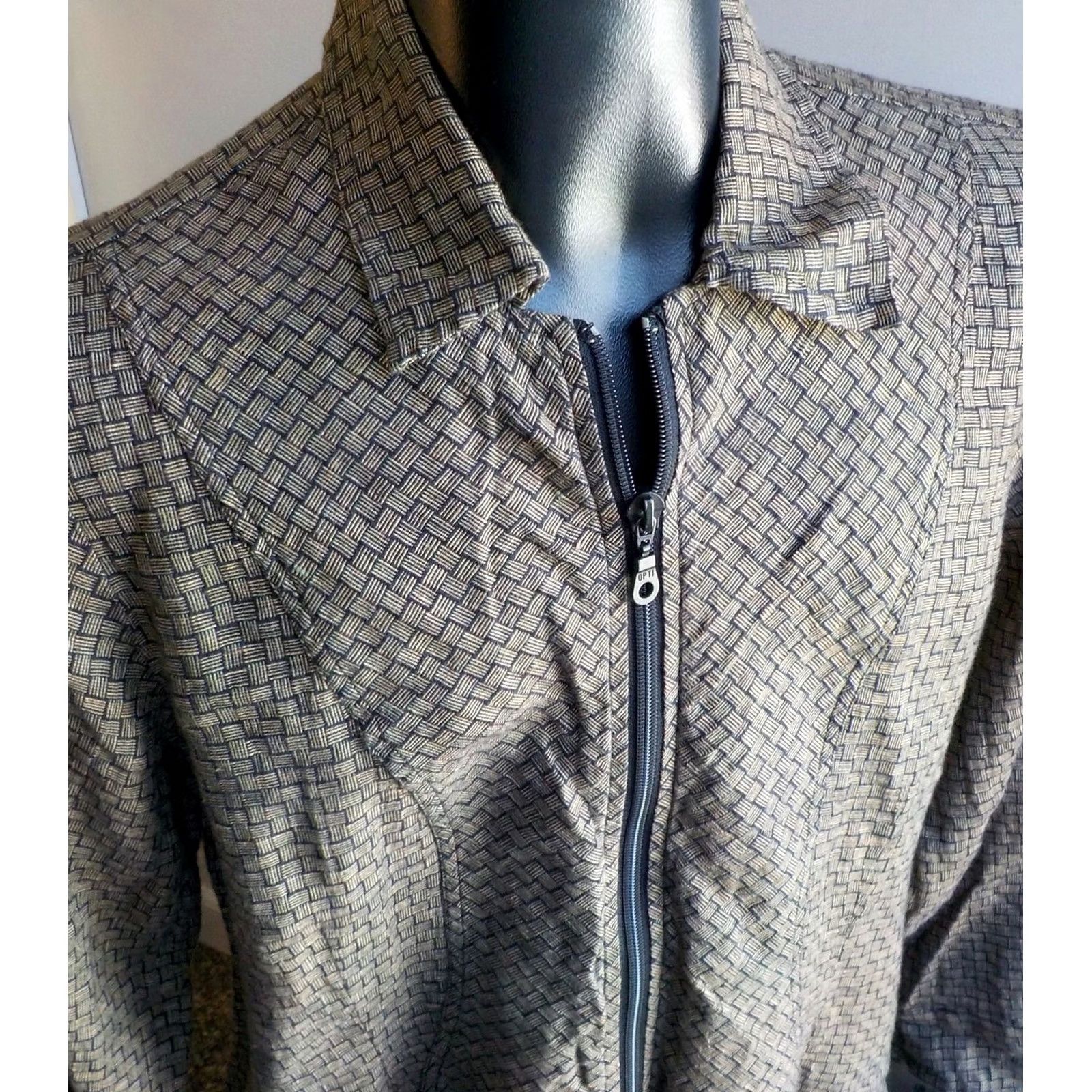 FLAX Flax by Jeanne Engelhart Black Tan Linen Jacket Pockets Zip Front M Womens Size 32" / US 10 / IT 46 - 2 Thumbnail