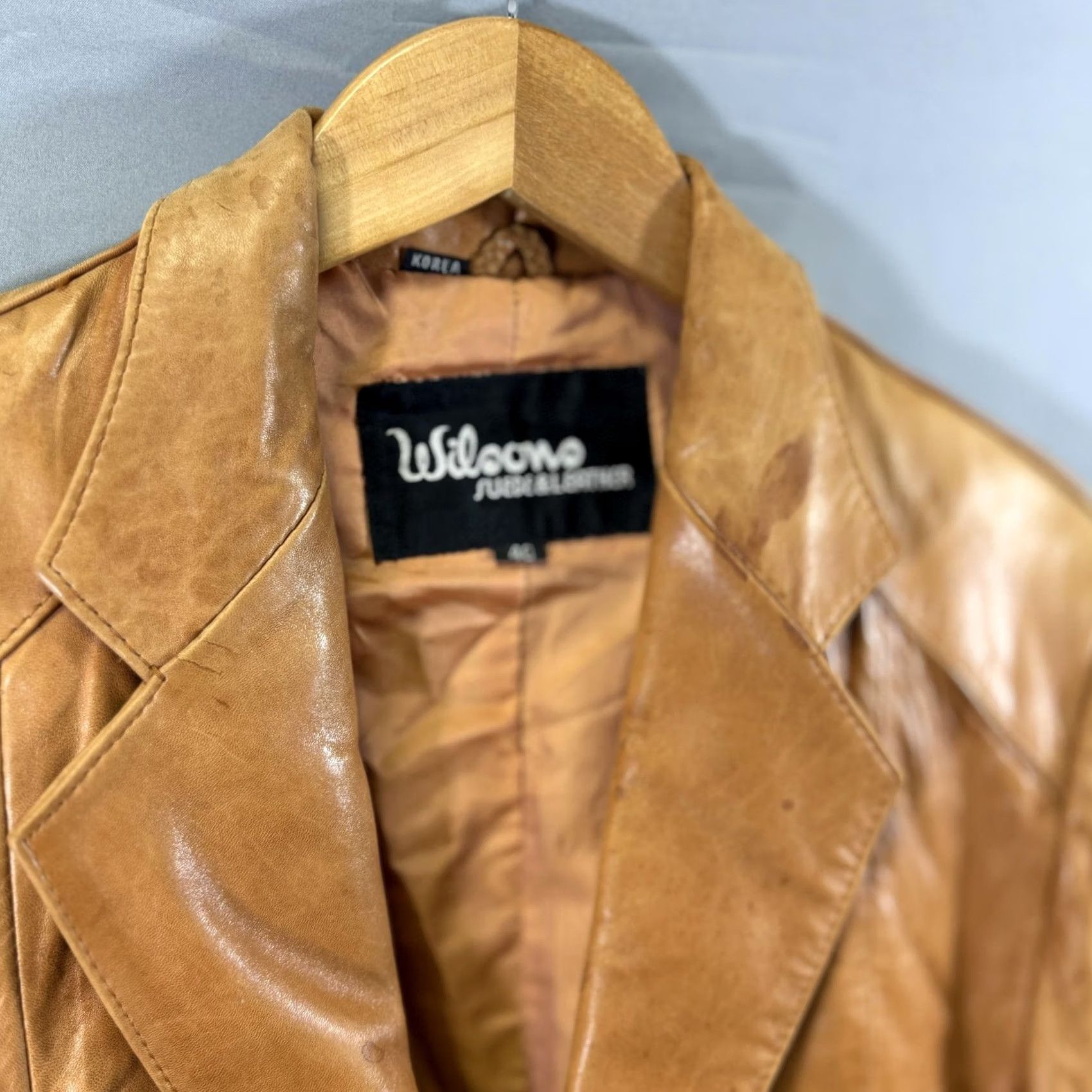 Wilson VINTAGE Welcome Super Leather Blazer Mens 40 Brown Leather Two Button Long Single Breasted Jacket Regular Slim? Size 40R - 5 Thumbnail