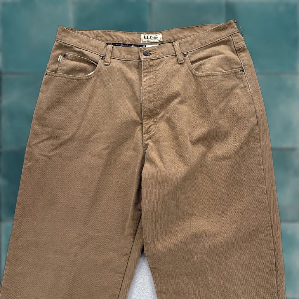 Vintage L.L. Bean Relaxed Fit Pants Mens 38x34 Khakis Flannel Lined 5-Pocket Coin Pocket Brown Beige Casual Workwear Regular Front Flat Tailored Size US 38 / EU 54 - 1 Thumbnail