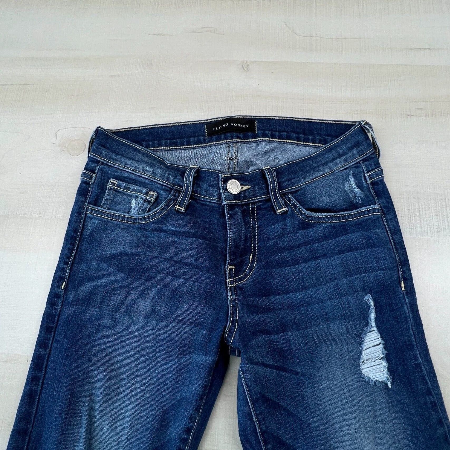 Vintage Flying Monkey Womens Distressed Skinny Jeans 26 Blue Medium Wash Denim Stretch Low Rise Size 26" / US 2 / IT 38 - 2 Thumbnail
