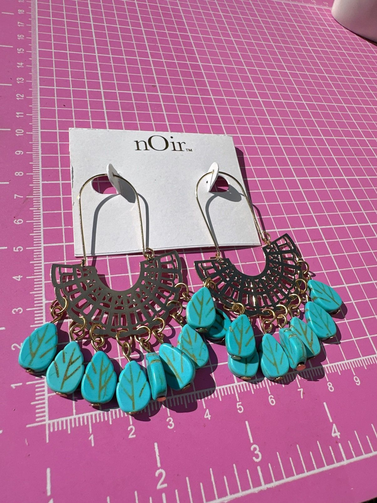 Designer Noir earrings gold tone cyan leaves drops tassels gold Size ONE SIZE - 3 Thumbnail